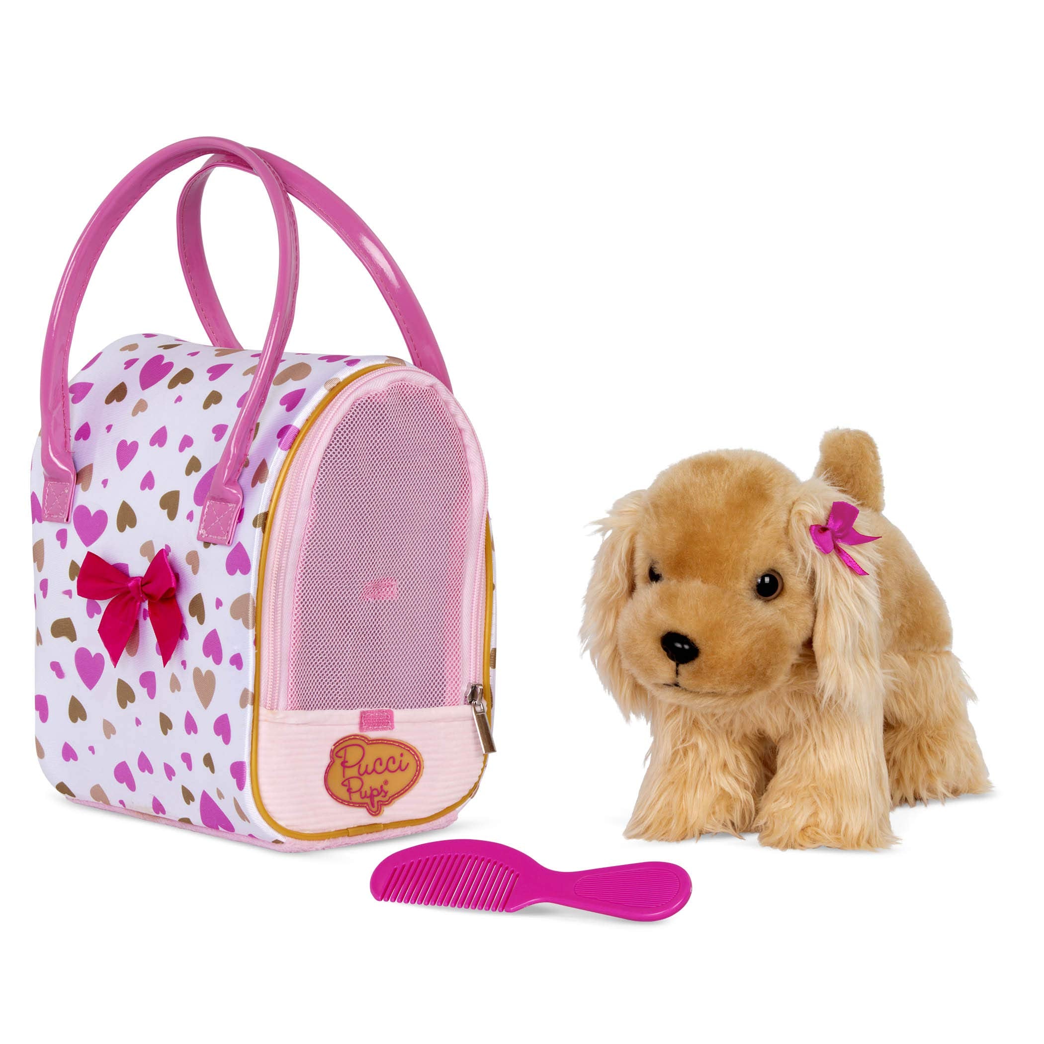 Pucci Pups Plush Cocker Spaniel with Carrier Bag – Pink & Gold Dog Toy for Kids 3+