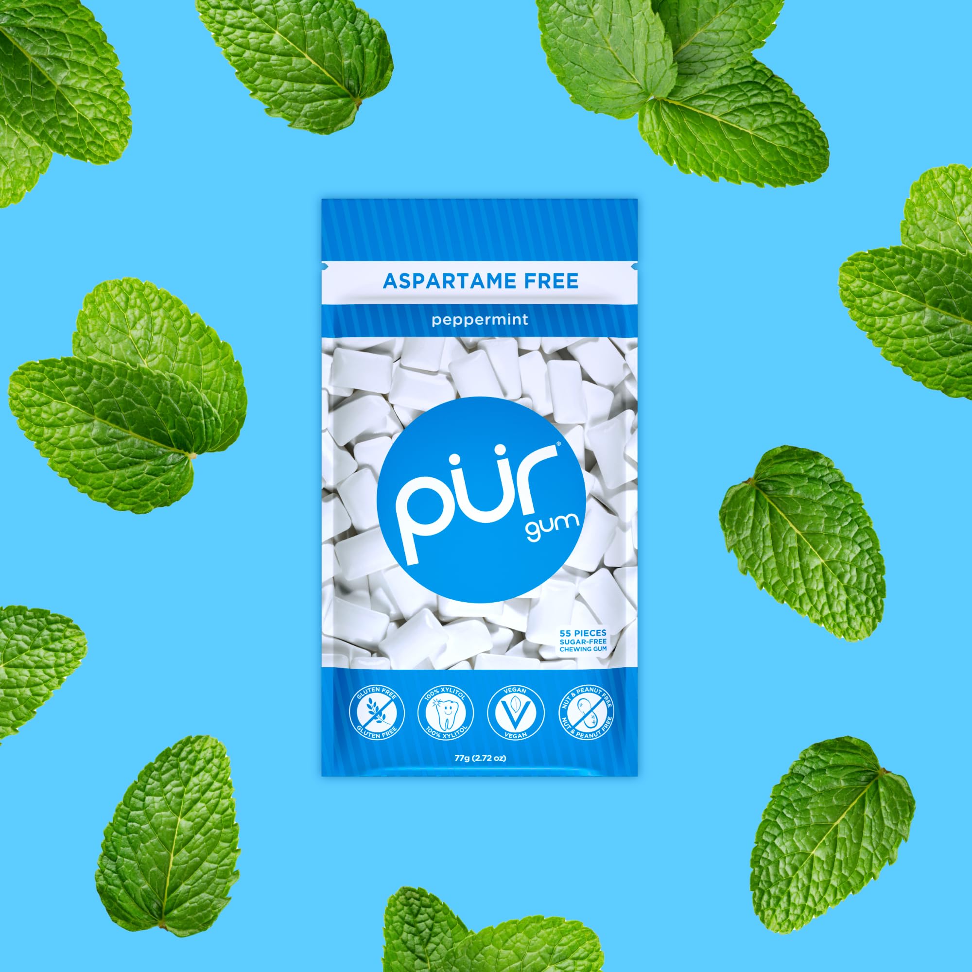 PUR - Peppermint Chewing Gum (55 Pieces, Sugar-Free, Xylitol-Sweetened) 6