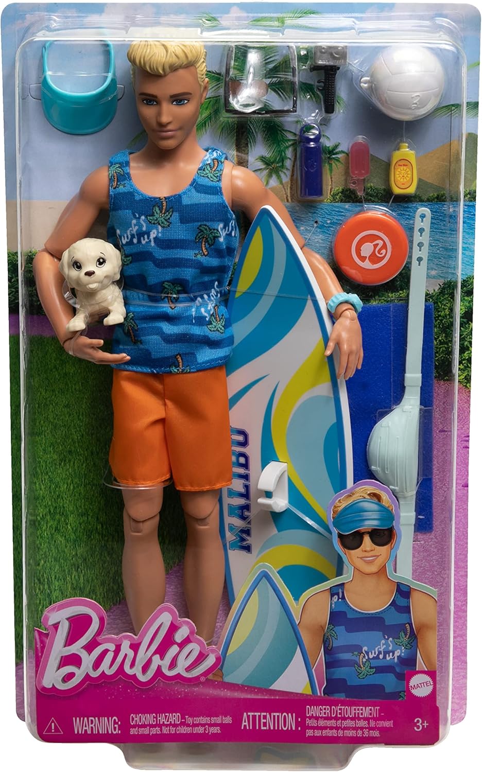 Ken Doll with Surfboard and Pet Puppy - Poseable Beach Playset for Kids 5+ 5