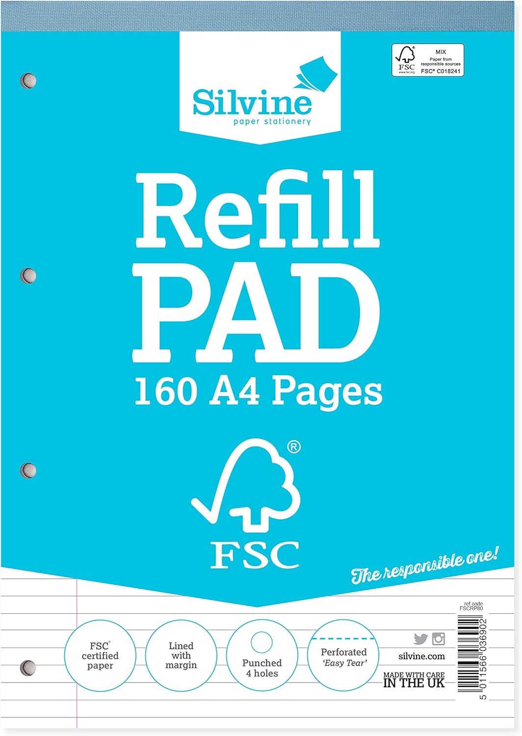 Silvine A4 Everyday FSC Refill Pad. Lined with Margin, 160 Pages of FSC Certified Paper. Ref FSCRP80 1