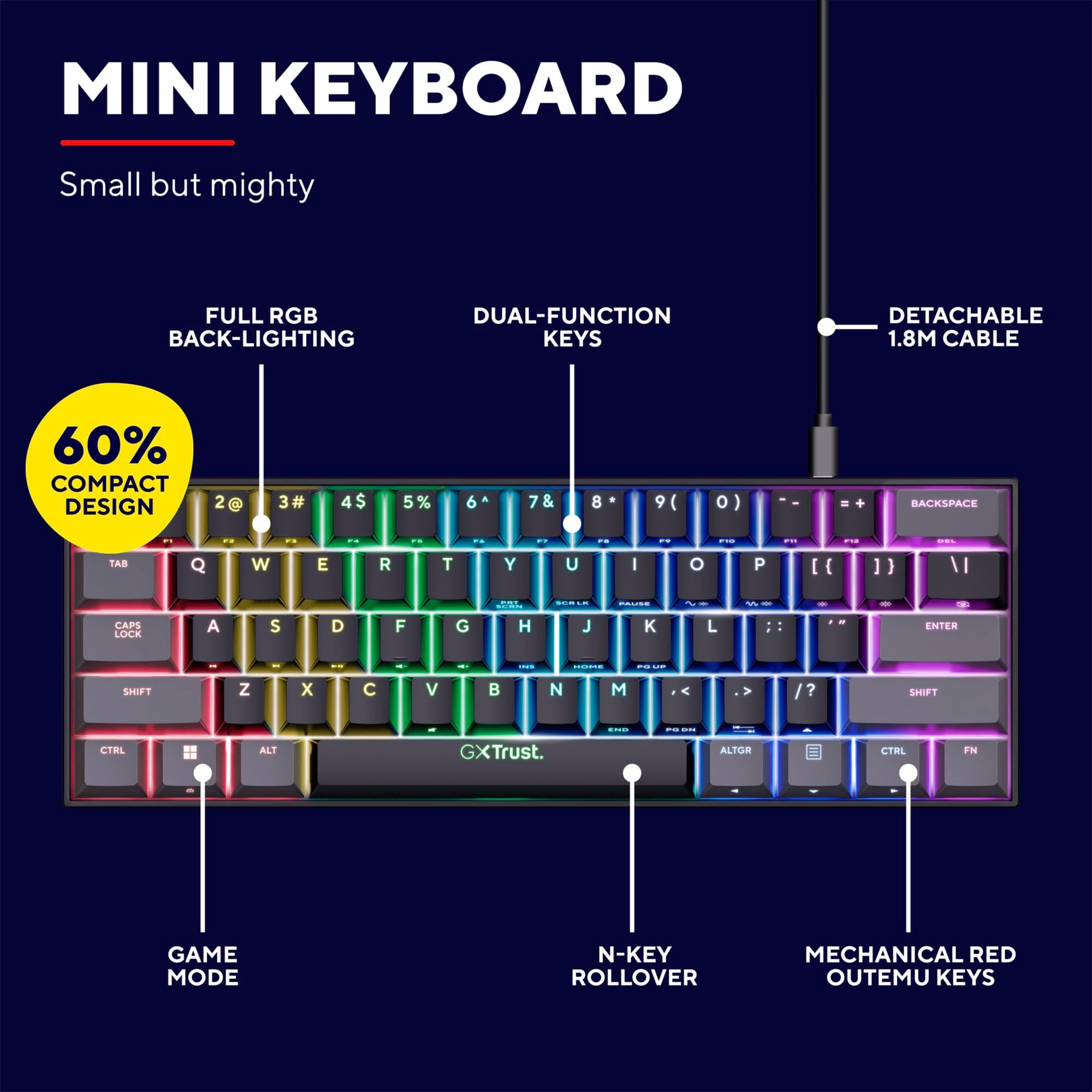 Trust Gaming GXT 867 Acira 60% Mechanical Keyboard UK Layout - RGB Backlit, Outemu Red Switches 3