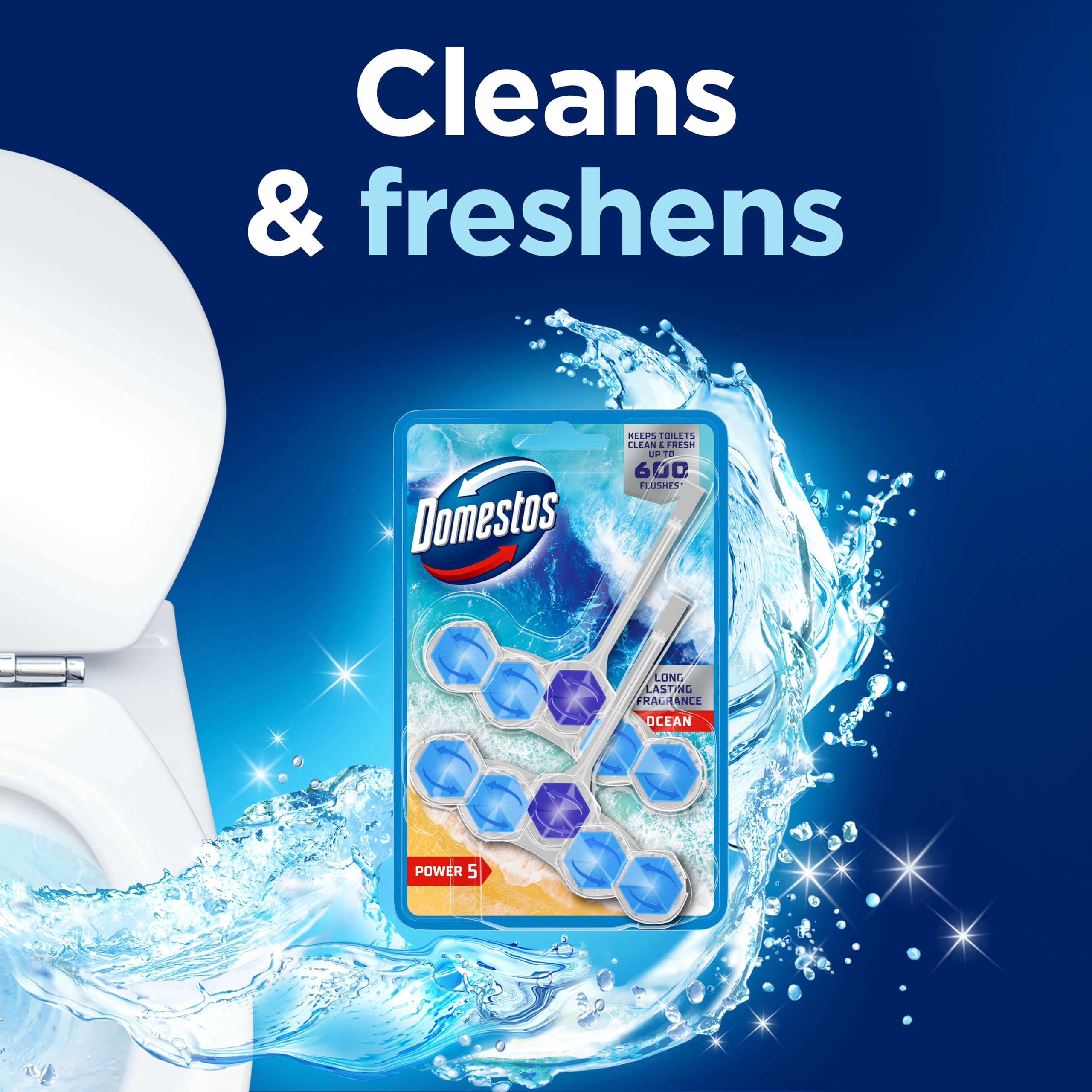 Domestos Power 5 Ocean Toilet Rim Blocks 2x 50 g - Long-Lasting Toilet Freshener with 5 Benefits 3