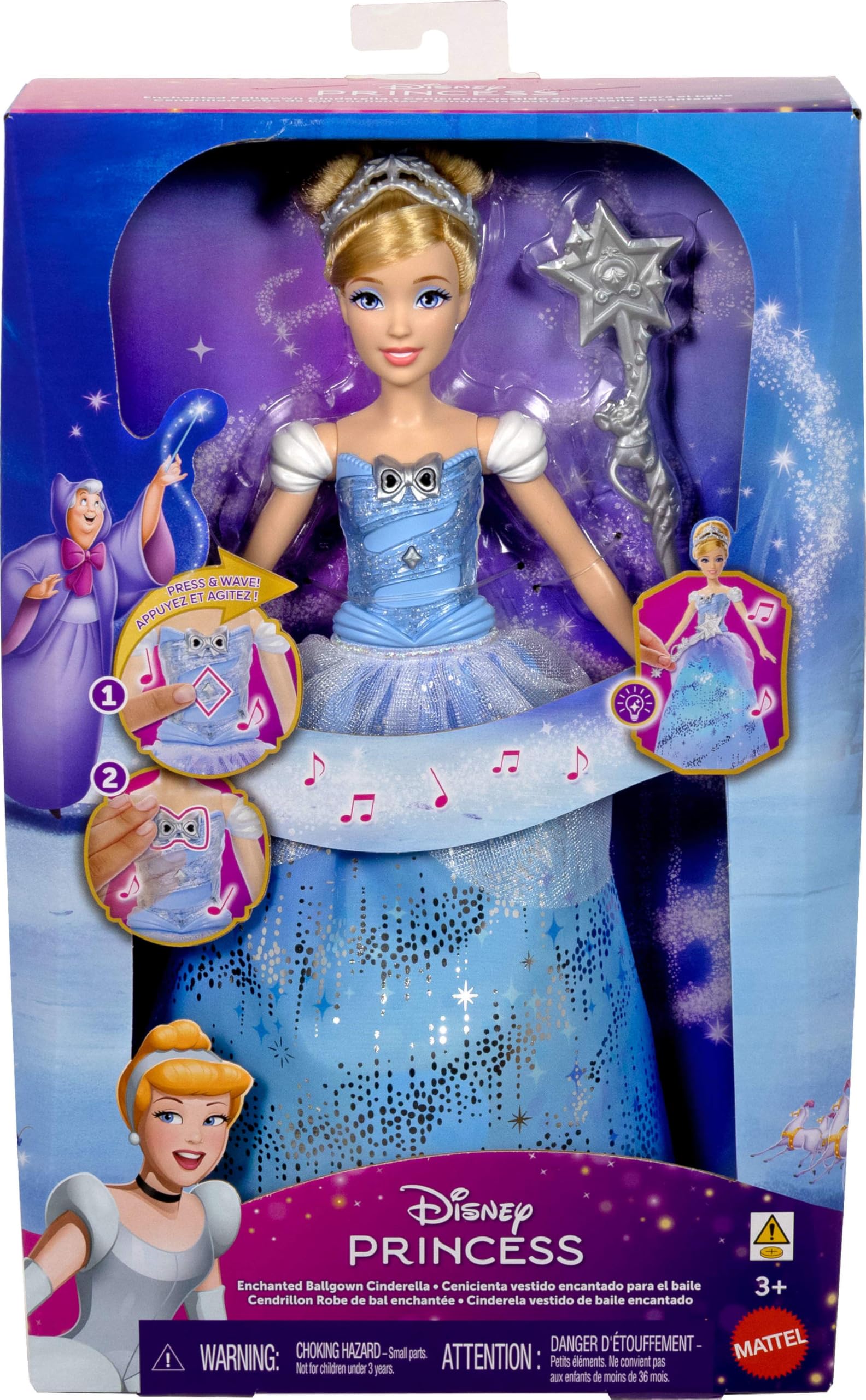 Mattel Disney Princess Cinderella Light-Up Dress Fashion Doll with Sounds & Wand - Blue 4