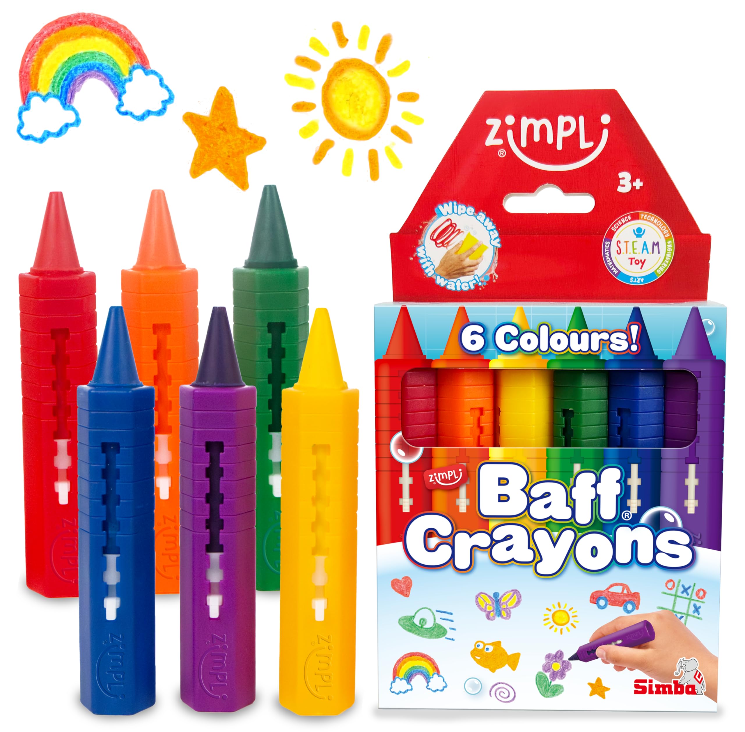 ZIMPLI Baff Crayons - 6 Large Washable Bath Crayons for Kids | Multicoloured