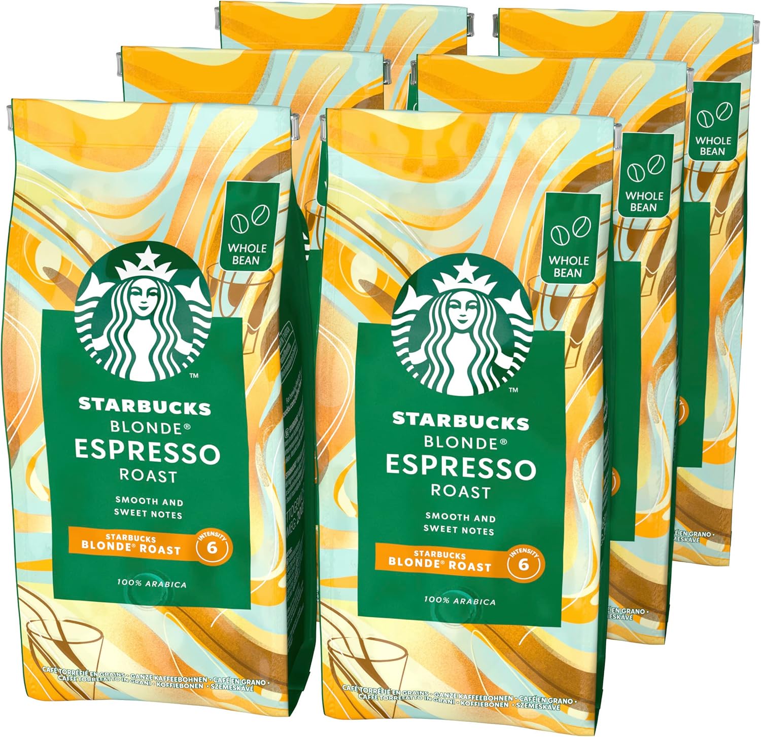 STARBUCKS Blonde Espresso Roast - Whole Bean Coffee 200g (Pack of 6)
