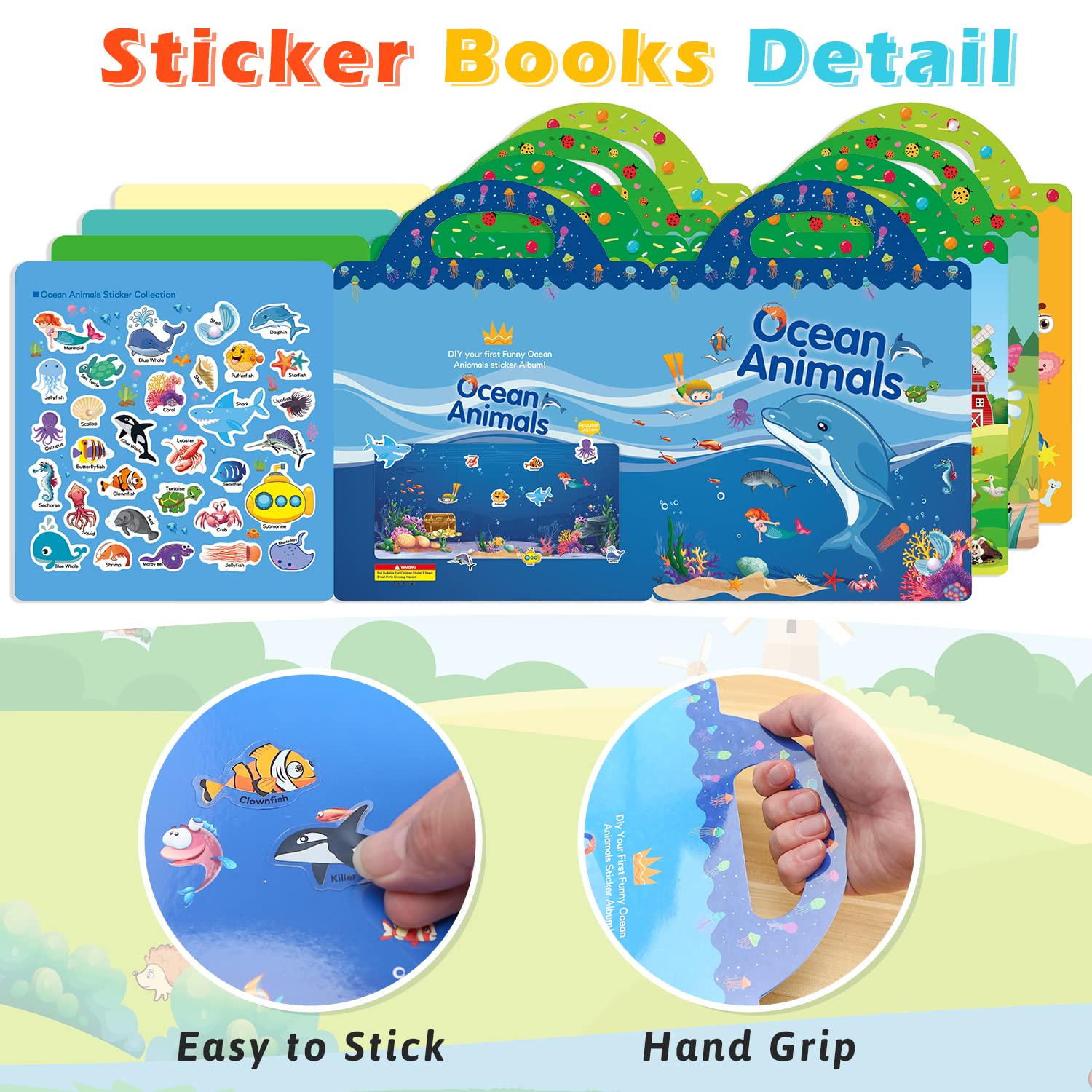 GUYUCOM Reusable Sticker Books 4 Pack - Ocean, Farm, Insect, Body Themes | Educational Learning Toy 3