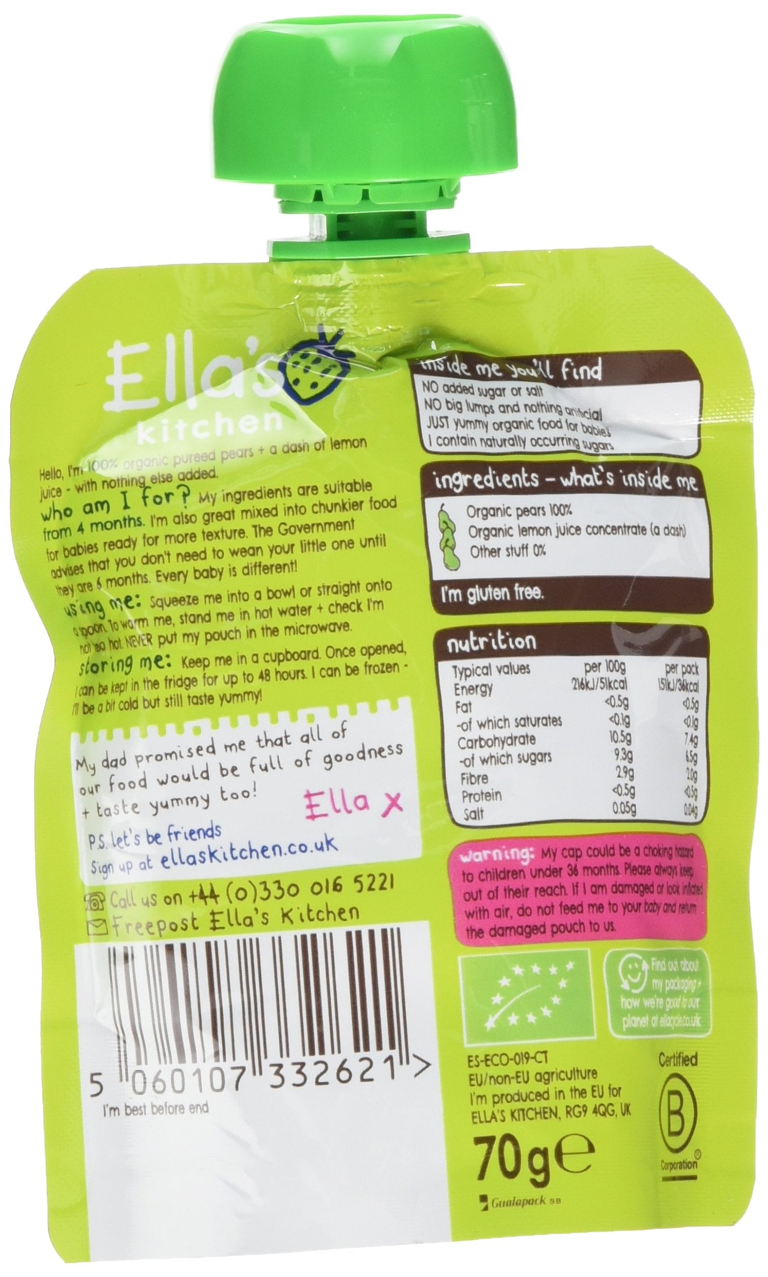 Ella's Kitchen Organic Pears First Tastes Baby Pouch 4+ Months, 70g