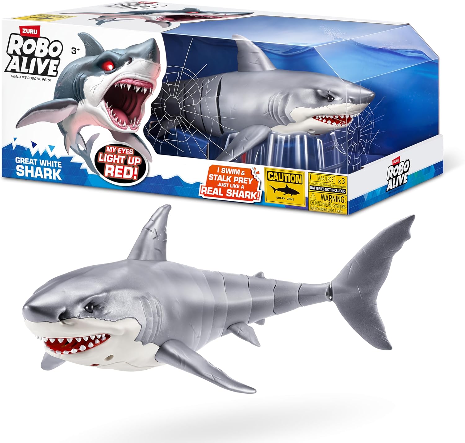 Robo Alive Great White Shark Series 1 by ZURU - Water-Activated Robotic Shark with Light-Up Eyes