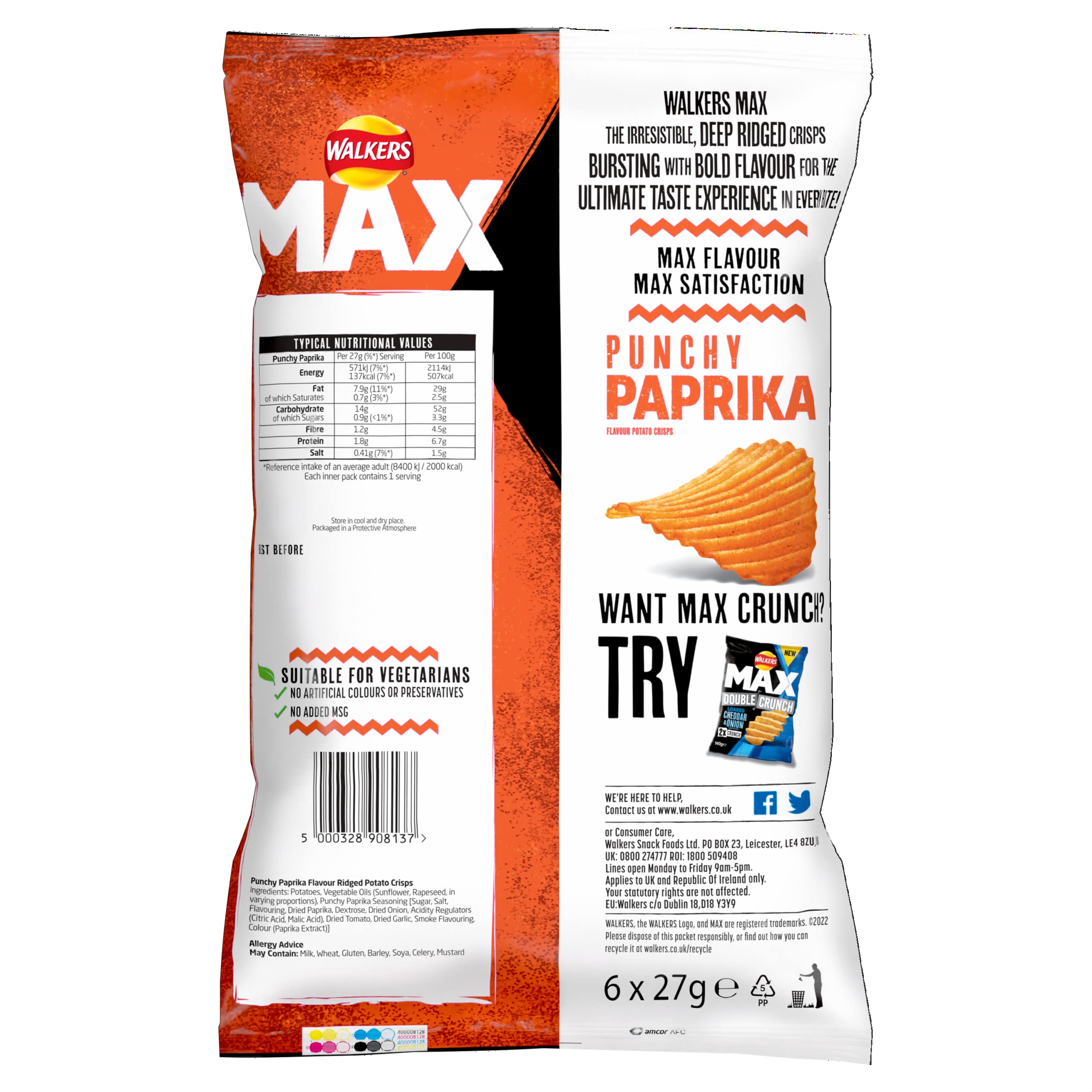 Walkers Max Punchy Paprika Flavour Crisps Multipack 6x27g