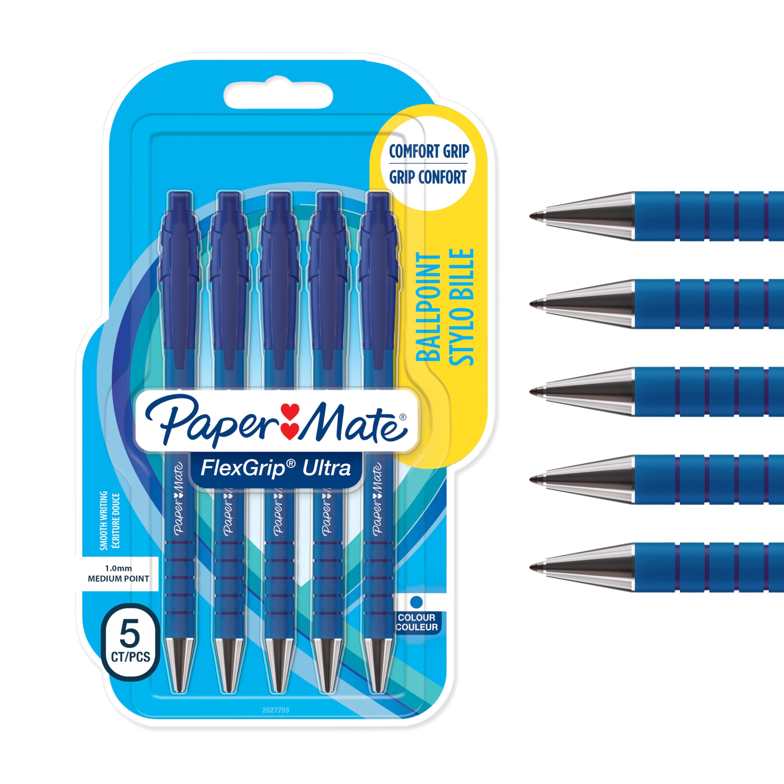 Paper Mate Flexgrip Ultra Retractable Ballpoint Pens - Medium Point (1.0mm) Blue Ink | Comfort Grip | 5 Count