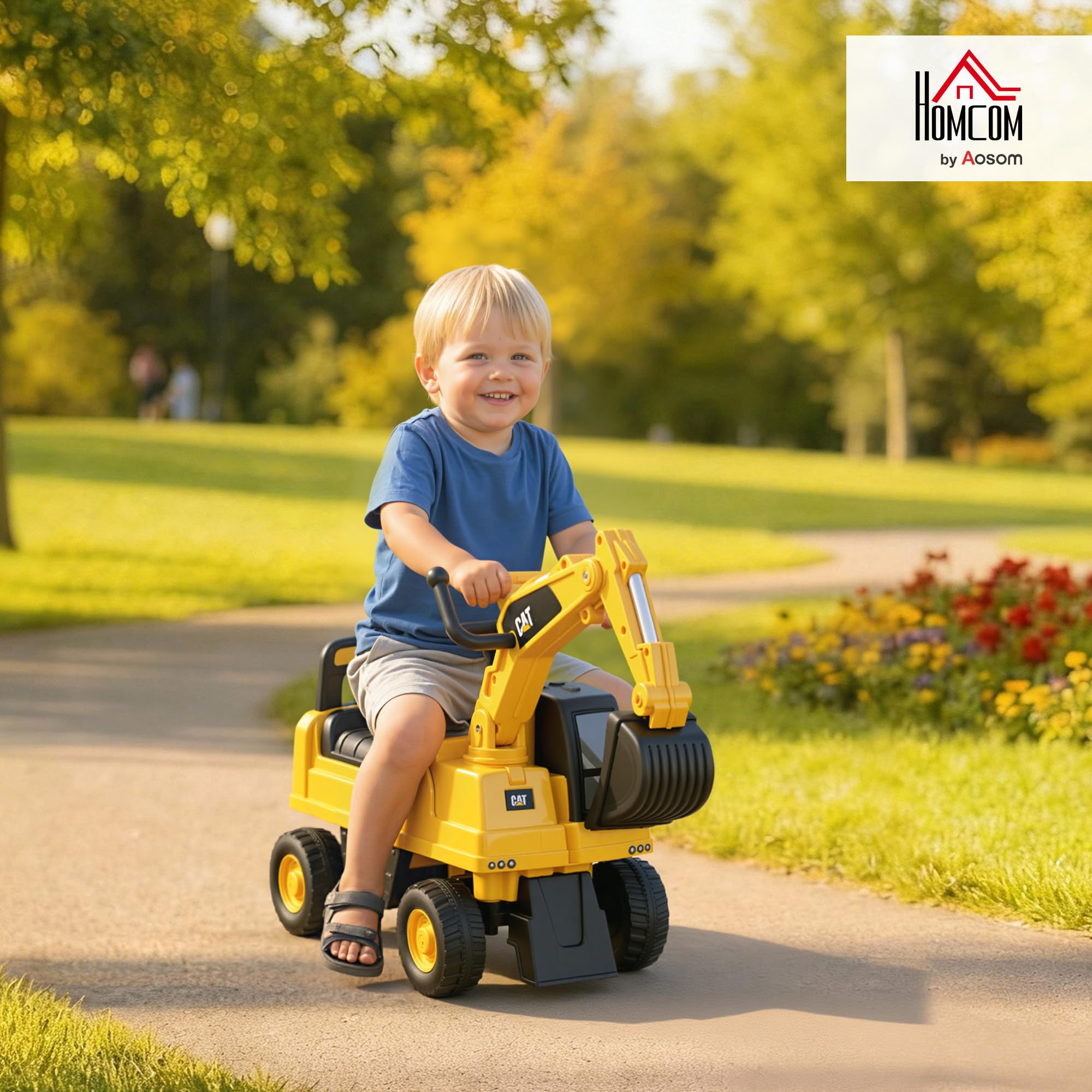HOMCOM CAT Licensed Kids Ride-On Digger Toy | Foot-Powered | Ages 1-3 Years | Max Load 25kg