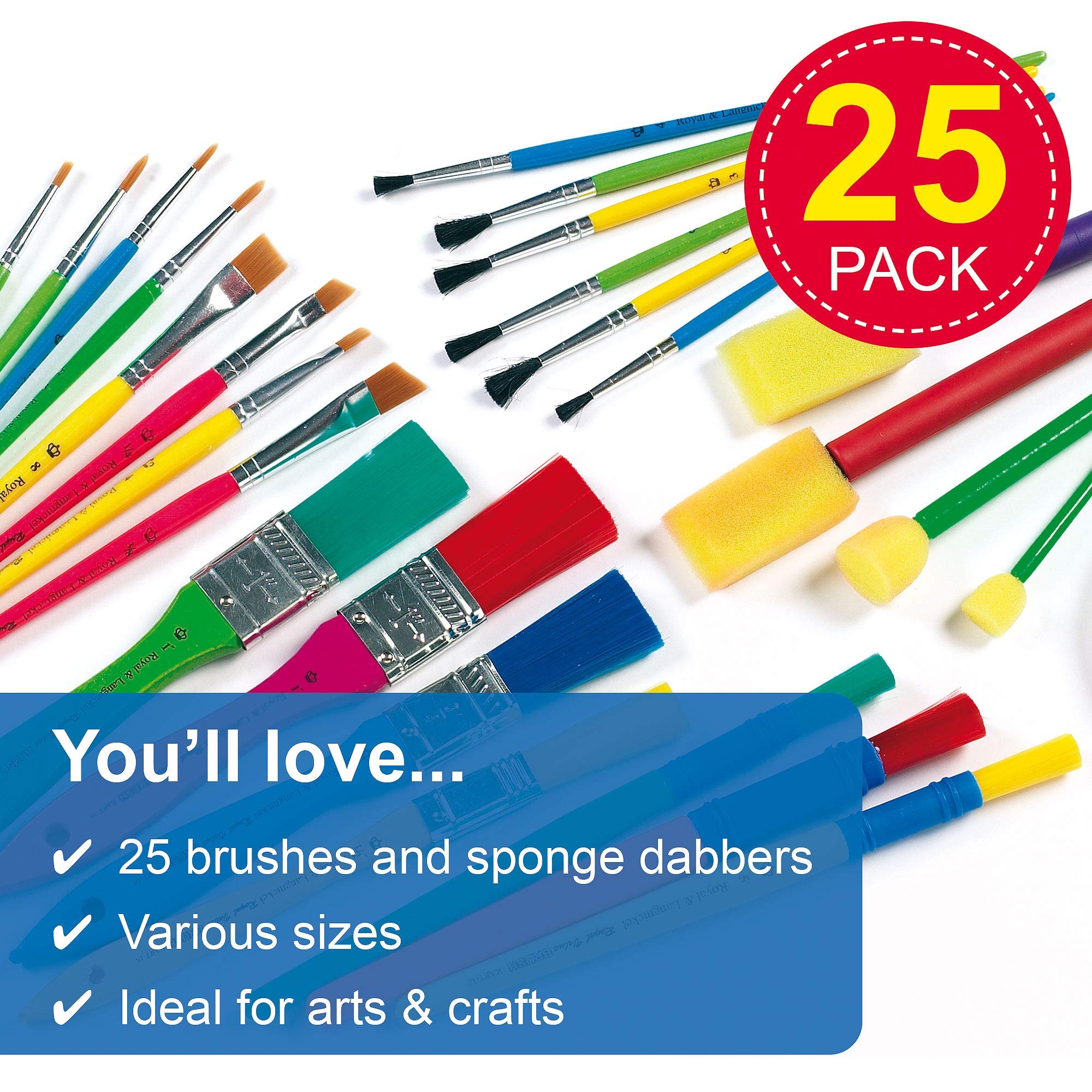 Baker Ross Kids Paint Brush Set - 25 Piece Assorted Sizes with Foam Dabbers 2