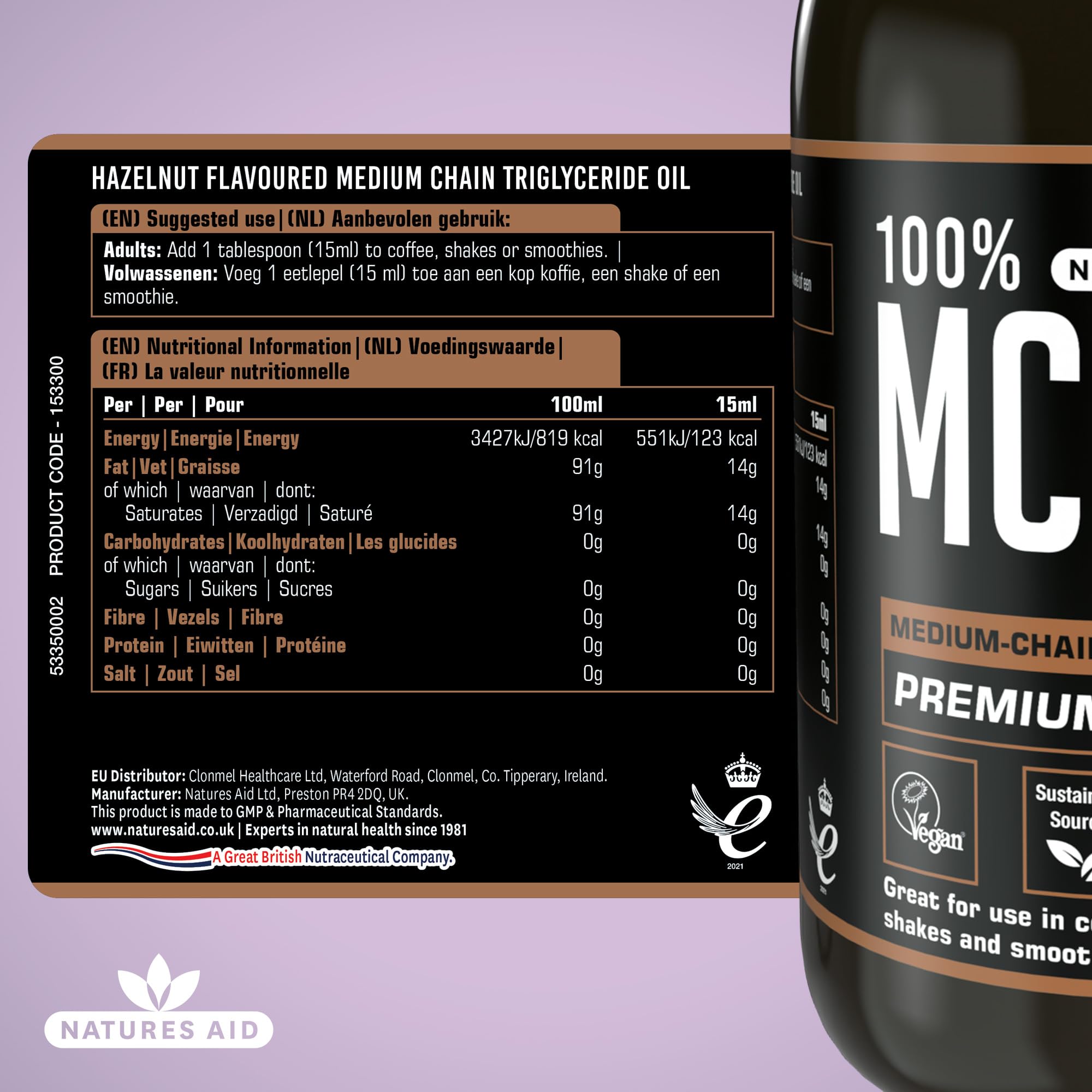 Natures Aid MCT Oil 500ml Hazelnut Flavour - Vegan, Sustainably Sourced from Coconut Oil for Coffee, Smoothies & Dressings 4