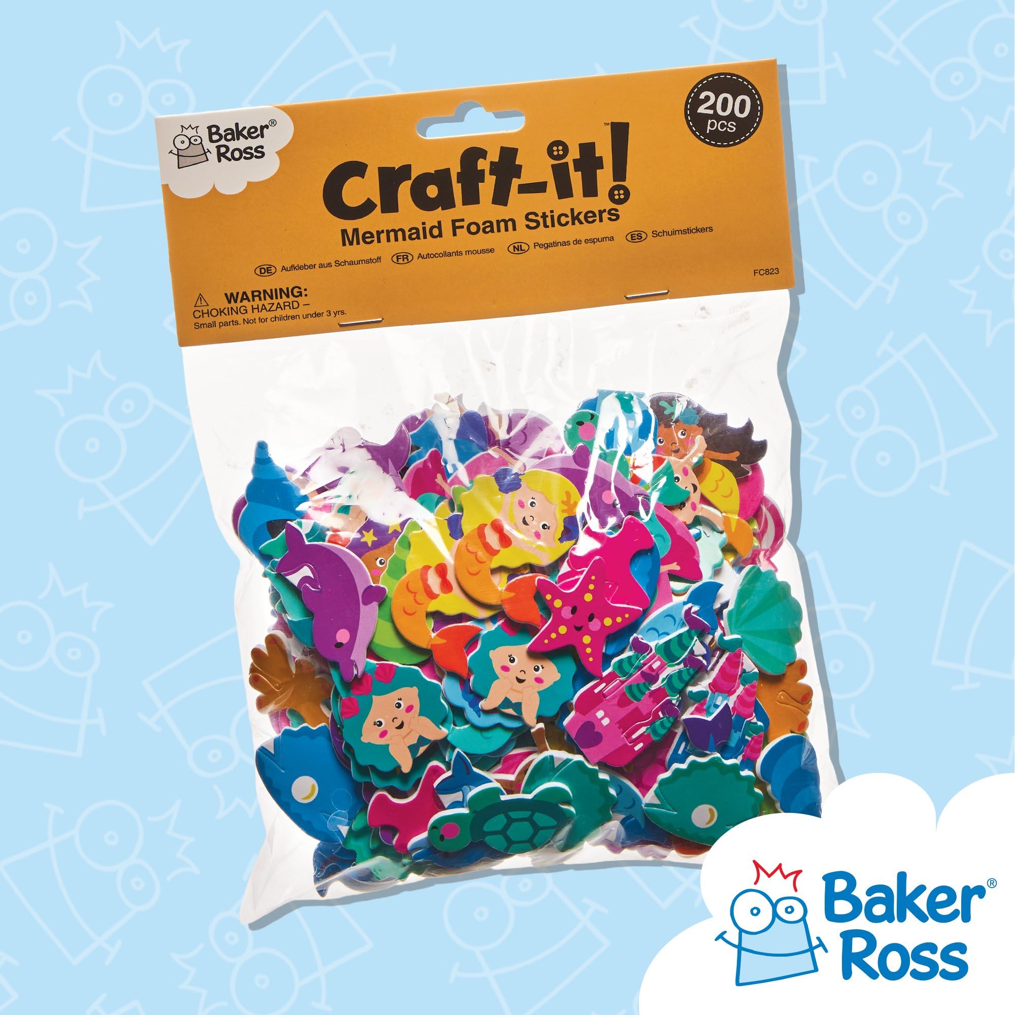 Baker Ross Mermaid Foam Stickers - Pack of 200, Self-Adhesive | 50 Assorted Styles | 25mm-40mm 6