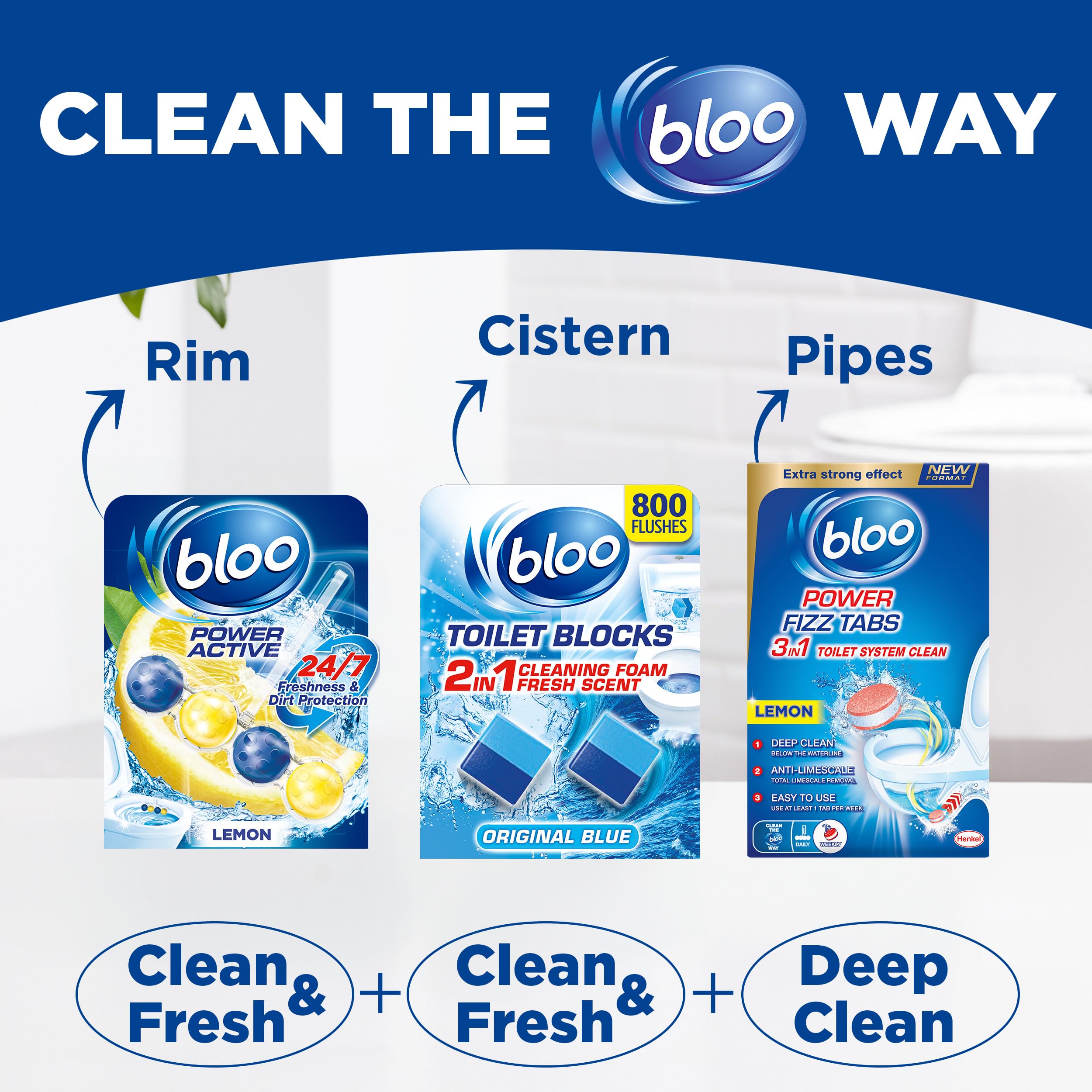Bloo Power Active Toilet Rim Block - Lemon Scent with Anti-Limescale & Foaming Clean (240 Flushes)
