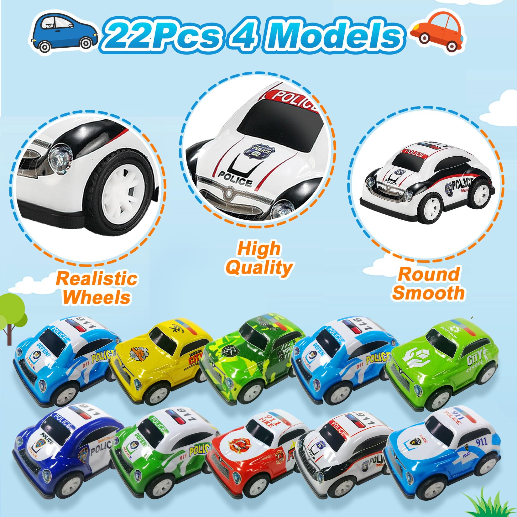 TOYABI Mini Toy Cars for Kids - 22pcs Metal Race Car Set with 2 Dolls, Pull Back Vehicles for Children 3+ 3