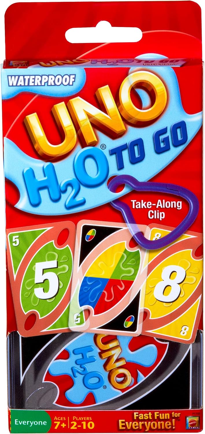 Mattel Games UNO H2O To Go Card Game with 108 Waterproof Plastic Cards
