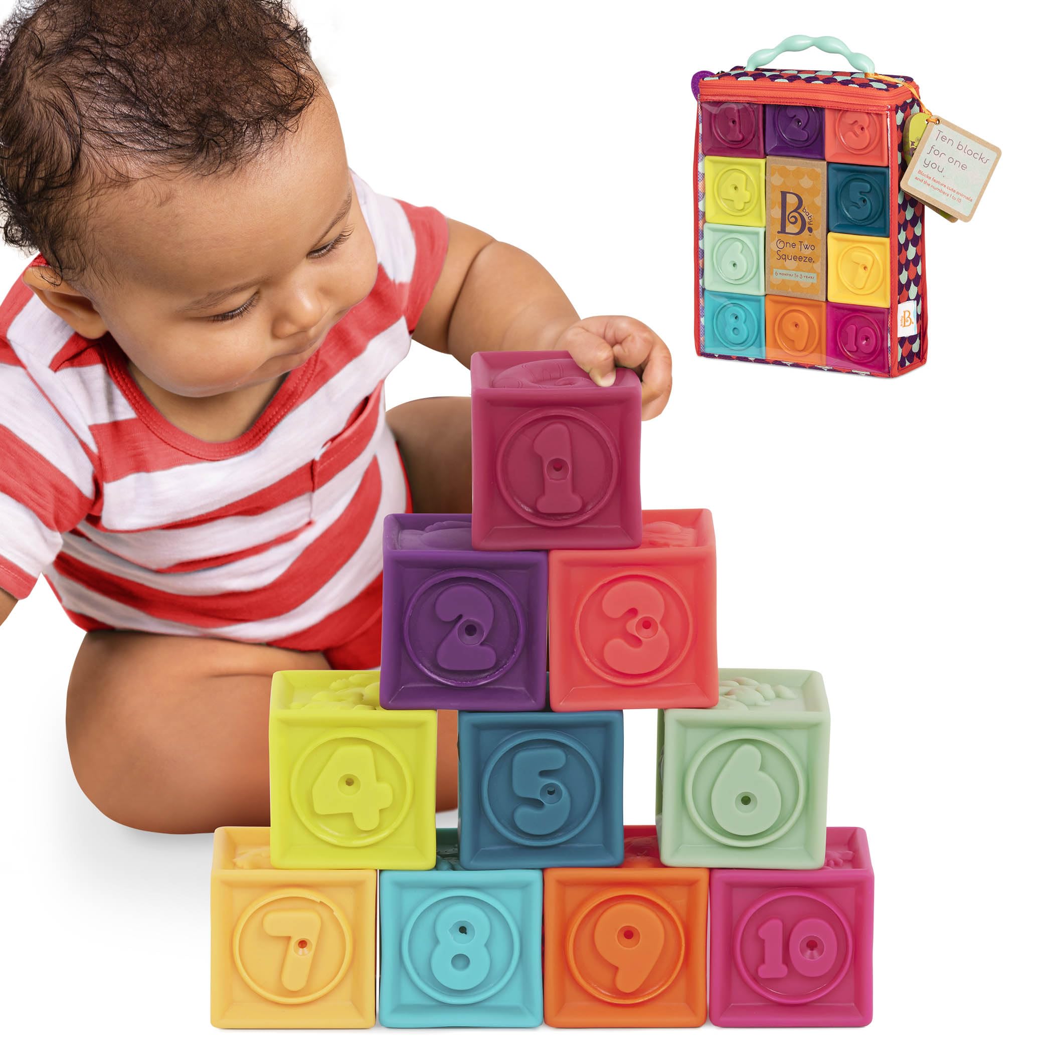 B. toys One Two Squeeze™ 10 Soft Squeezable Baby Blocks - Stacking & Learning Toy for 6+ Months 11
