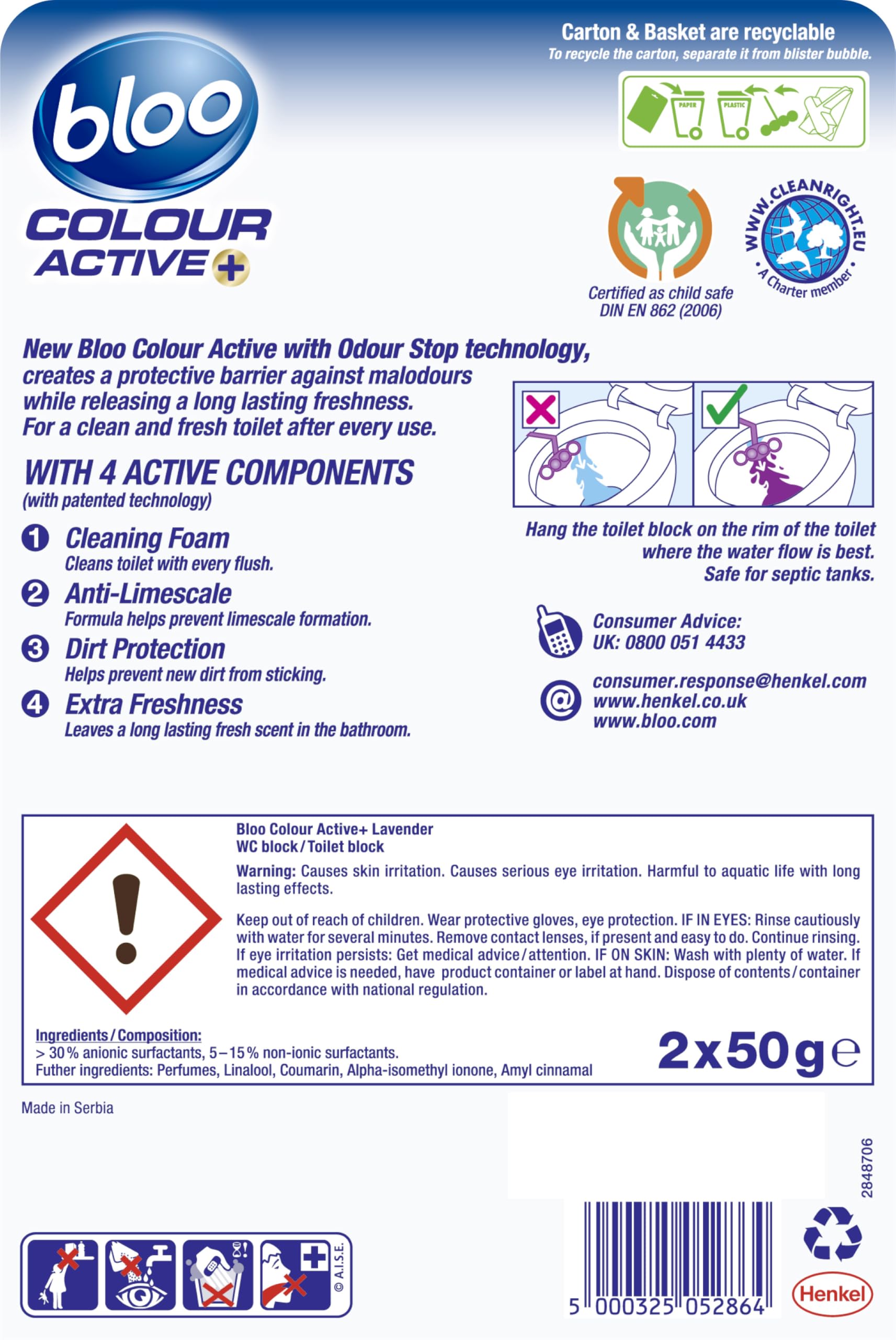 Bloo Colour Active Toilet Rim Block Lavender Anti-Limescale Cleaning | Pack of 2