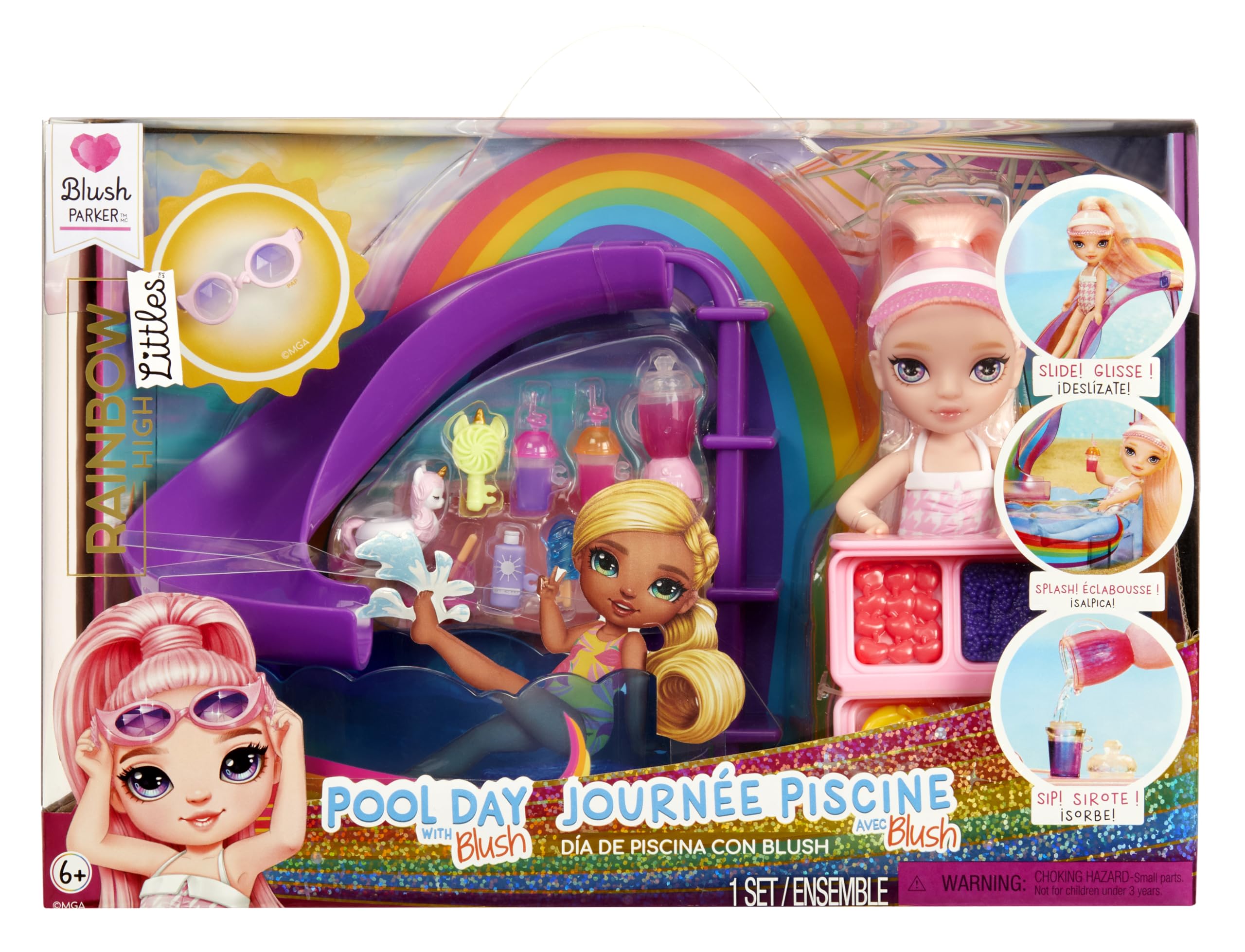 Rainbow High Littles Pool Day with Blush Playset - 14 cm Doll & Pool with Slide