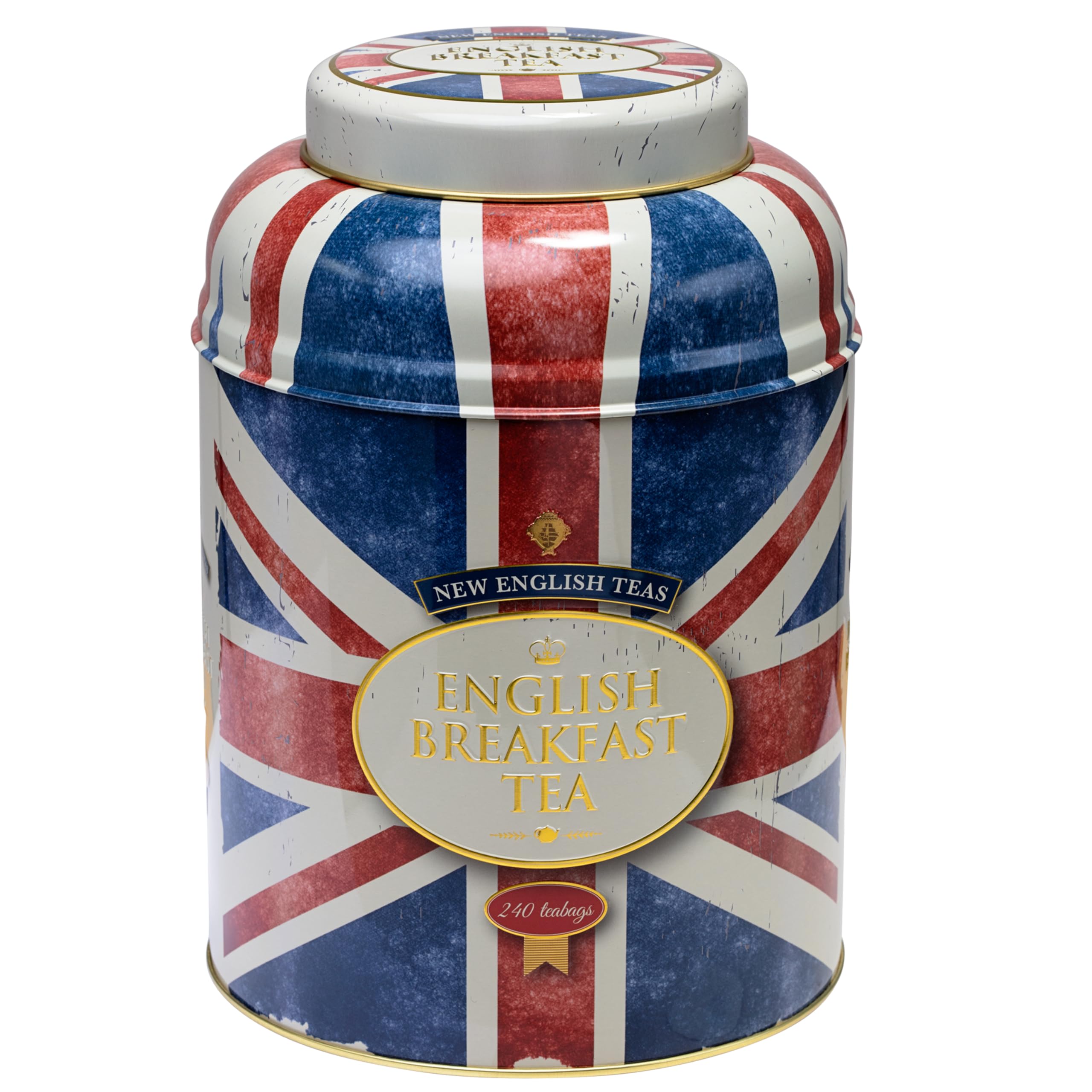 New English Teas Union Jack Large Round Tea Caddy with 240 English Breakfast Tea Bags
