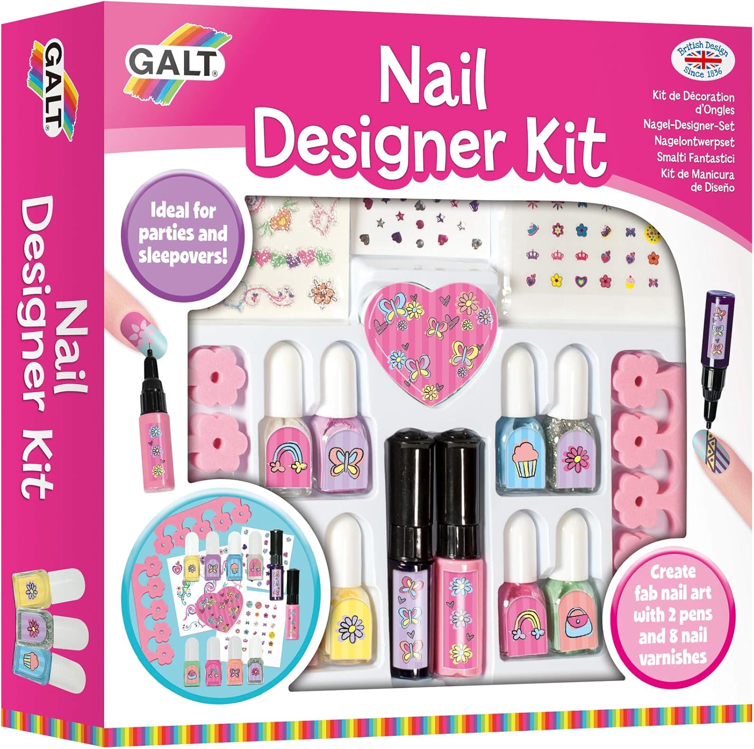 Galt Toys Nail Designer Kit for Kids, 7+ Years, 7 Colors & 2 Nail Pens with Stickers, Gems, and Glitter Varnish