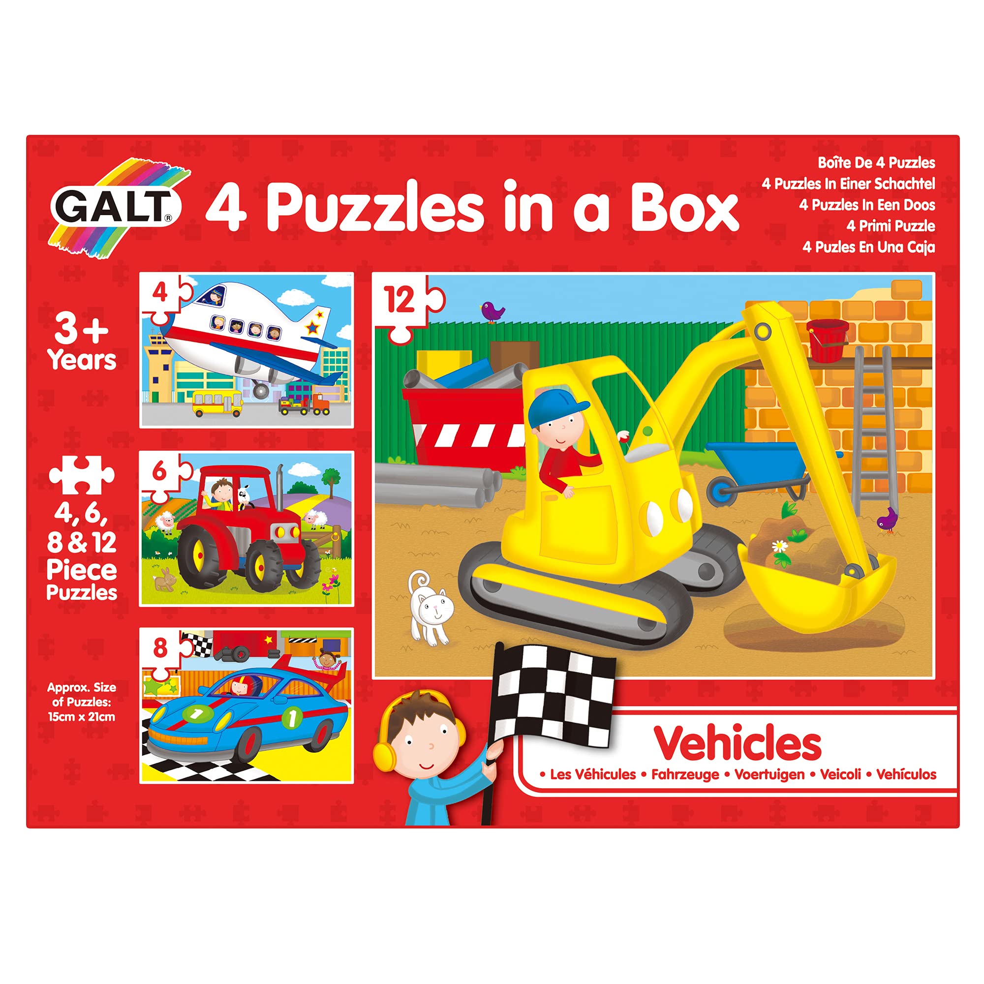 Galt 4 Puzzles in a Box - Vehicles | Ages 3+ | 4, 6, 8, & 12 Pieces