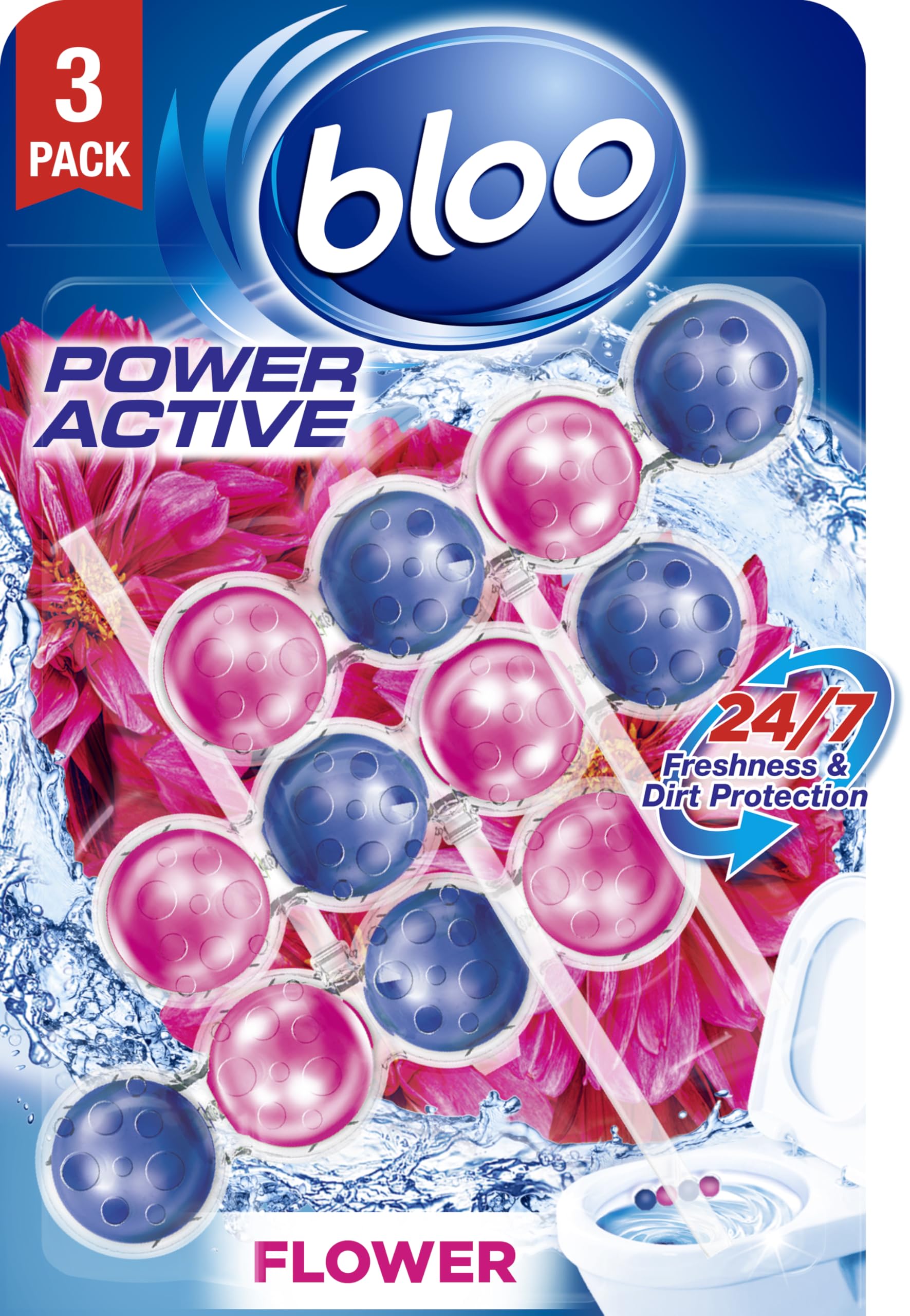 Bloo Power Active Toilet Rim Block - Fresh Flowers Scent with Anti-Limescale, 3 Pack