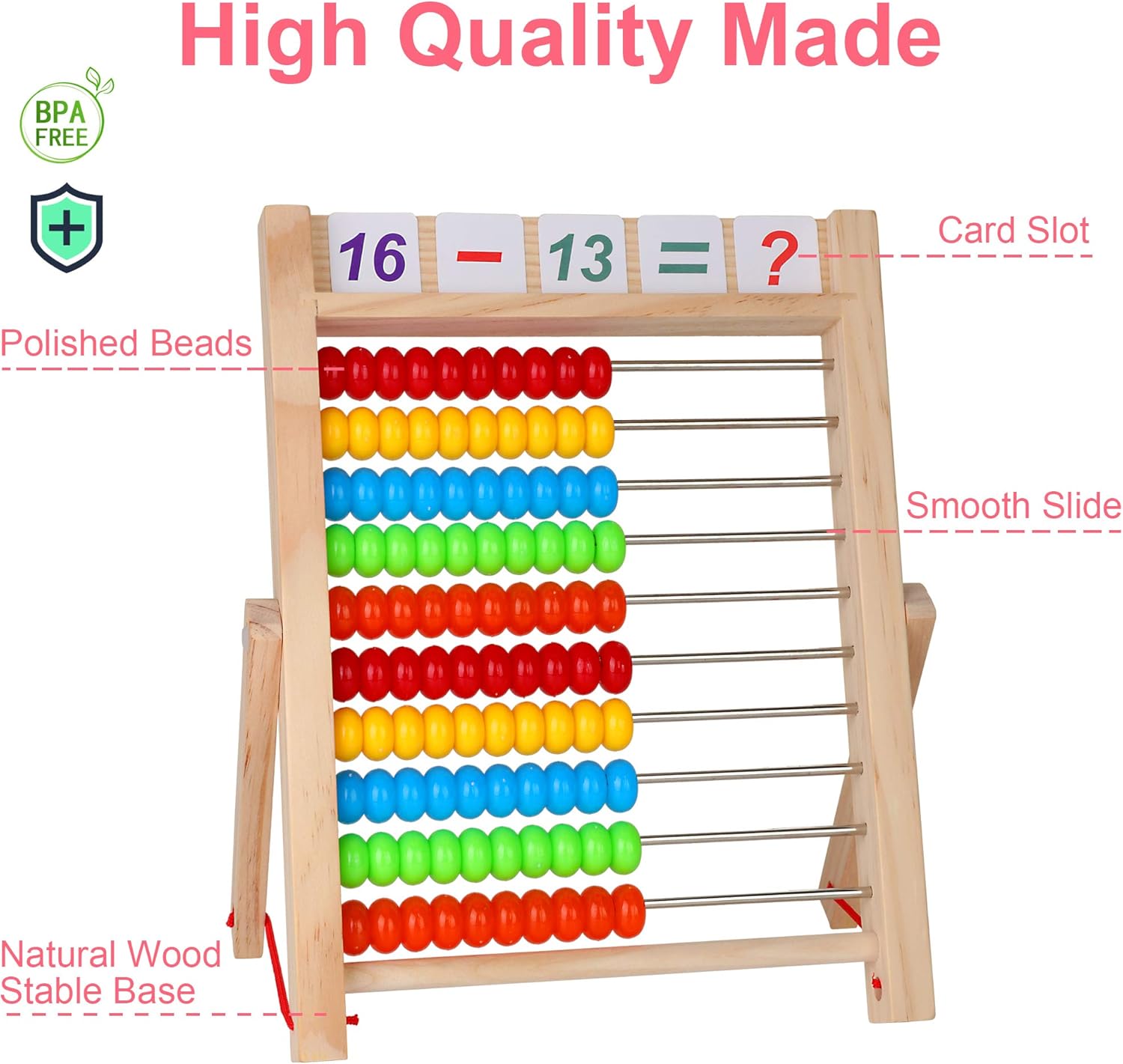 Wooden Frame Abacus for Kids - 10-Row Educational Toy with Multi-Color Beads, Alphabet & Number Cards 3