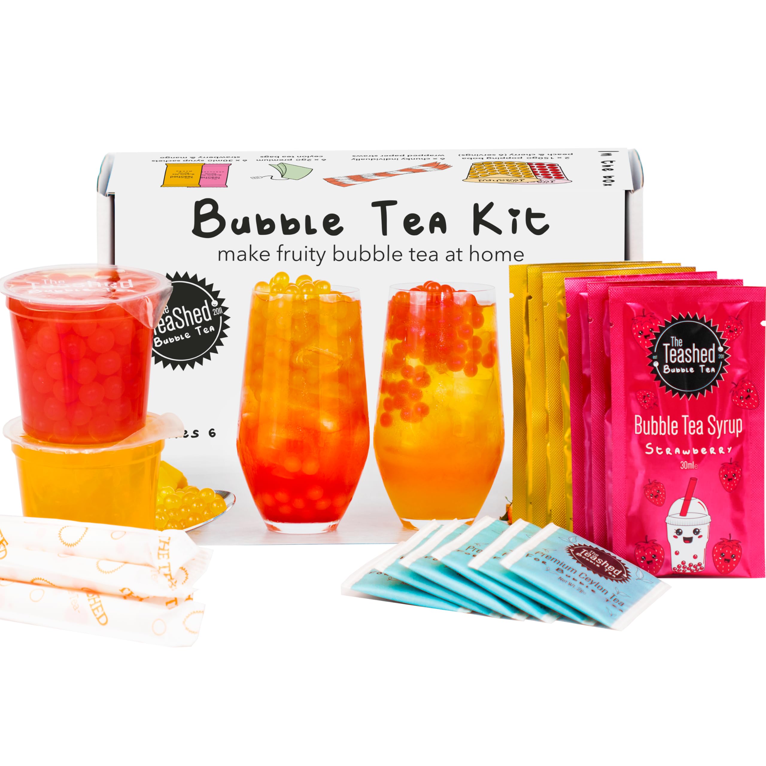 The *TeaShed Fruit Bubble Tea Kit Gift Box - 6 Servings with Mango, Strawberry, Peach & Cherry Boba