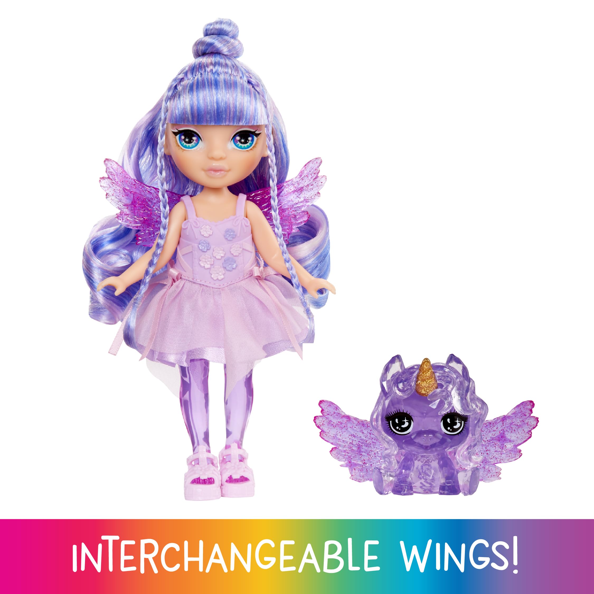 Rainbow High Littles Rainbow Fantasy Fairies & Pet - Amethyst, Purple - 14cm Posable Small Doll & Fantasy Pegasus Unicorn Pet with Interchangeable Fairy Wings, Cute Present for Children 4+ 5