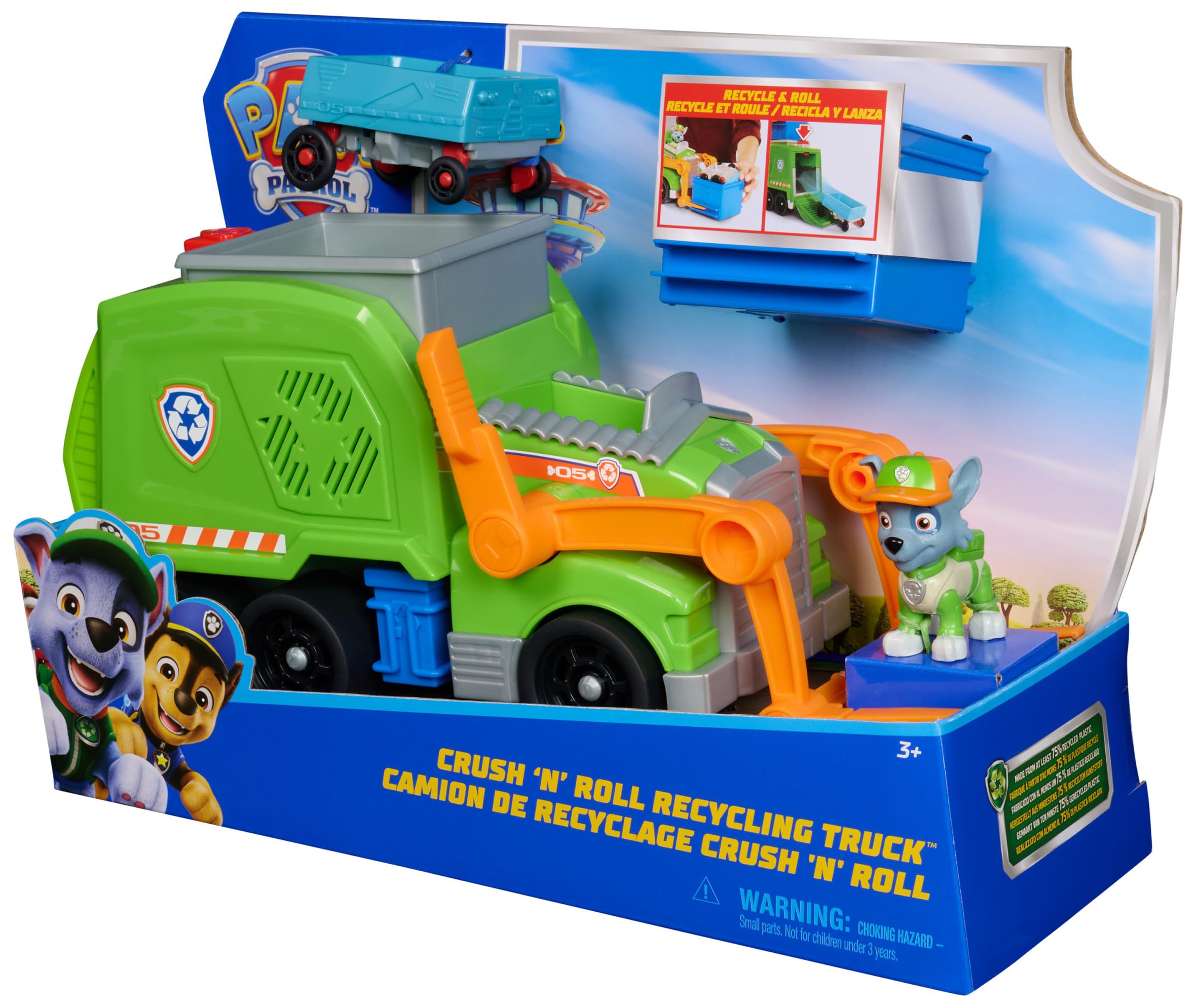Paw Patrol Crush 'N' Roll Recycling Lorry with Rocky Action Figure & Mini Vehicle - Ages 3+ 4