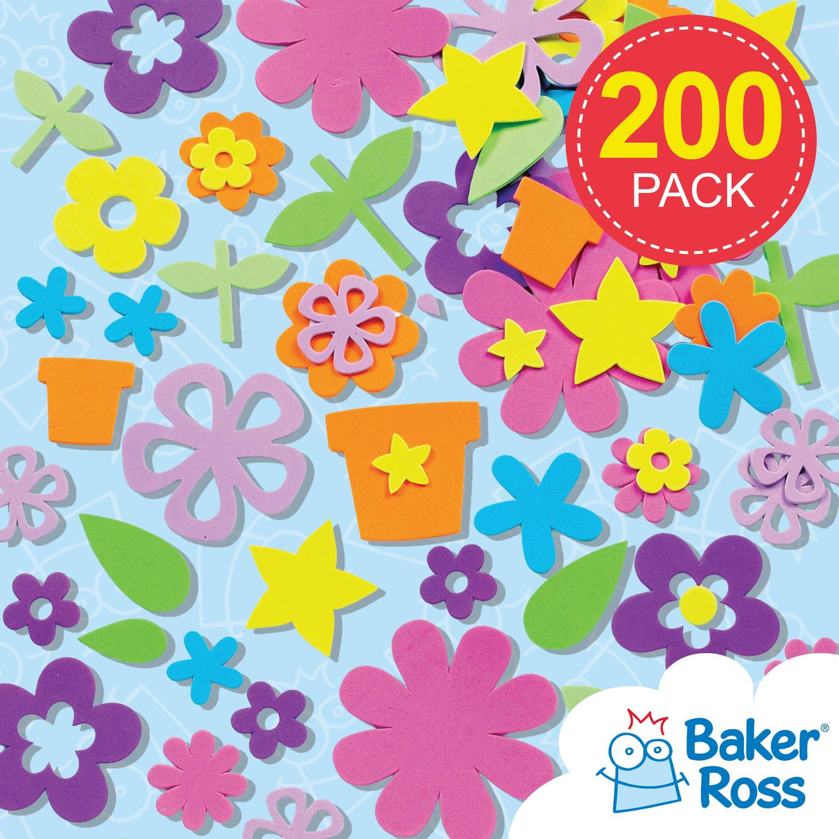 Baker Ross Flower Garden Foam Stickers - 200, 0.8–8.5 cm, Age 3+
