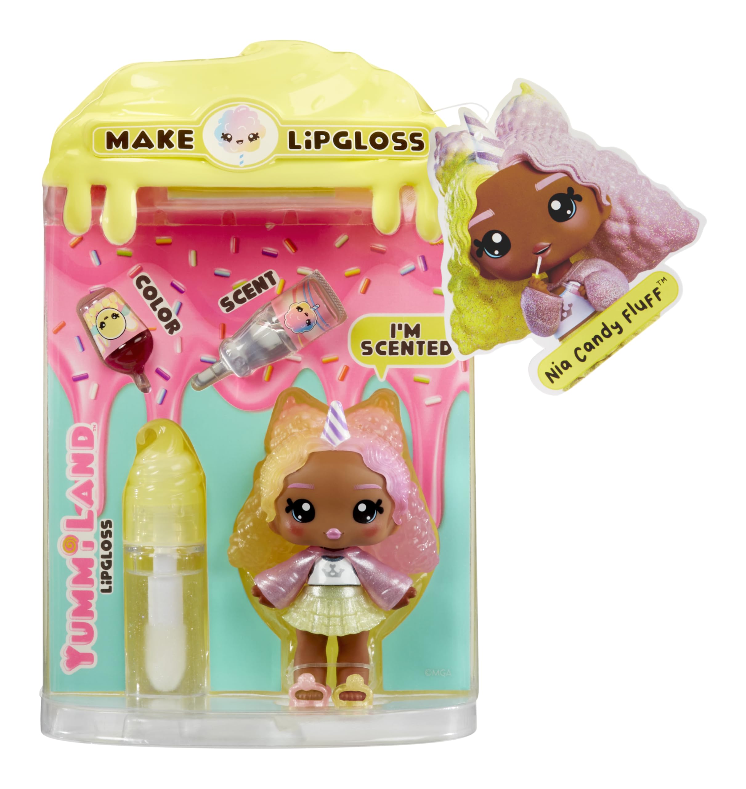Yummiland Nia Candy Fluff Doll - DIY Lip Gloss Kit with Scented Character & Customizable Fashion