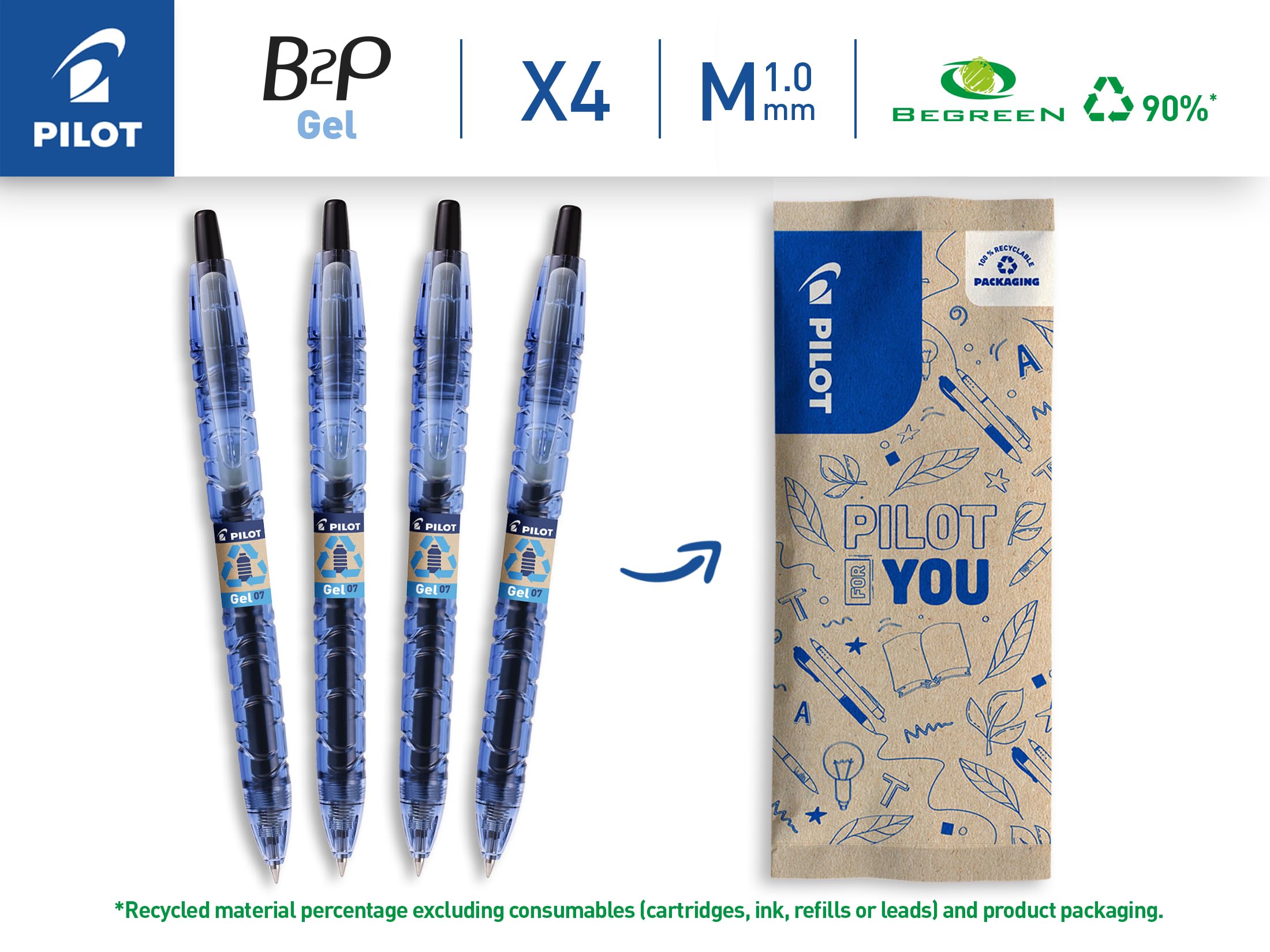 PILOT B2P Gel Ink Rollerball Pen - 0.7mm Medium Point - Retractable - Pack of 4
