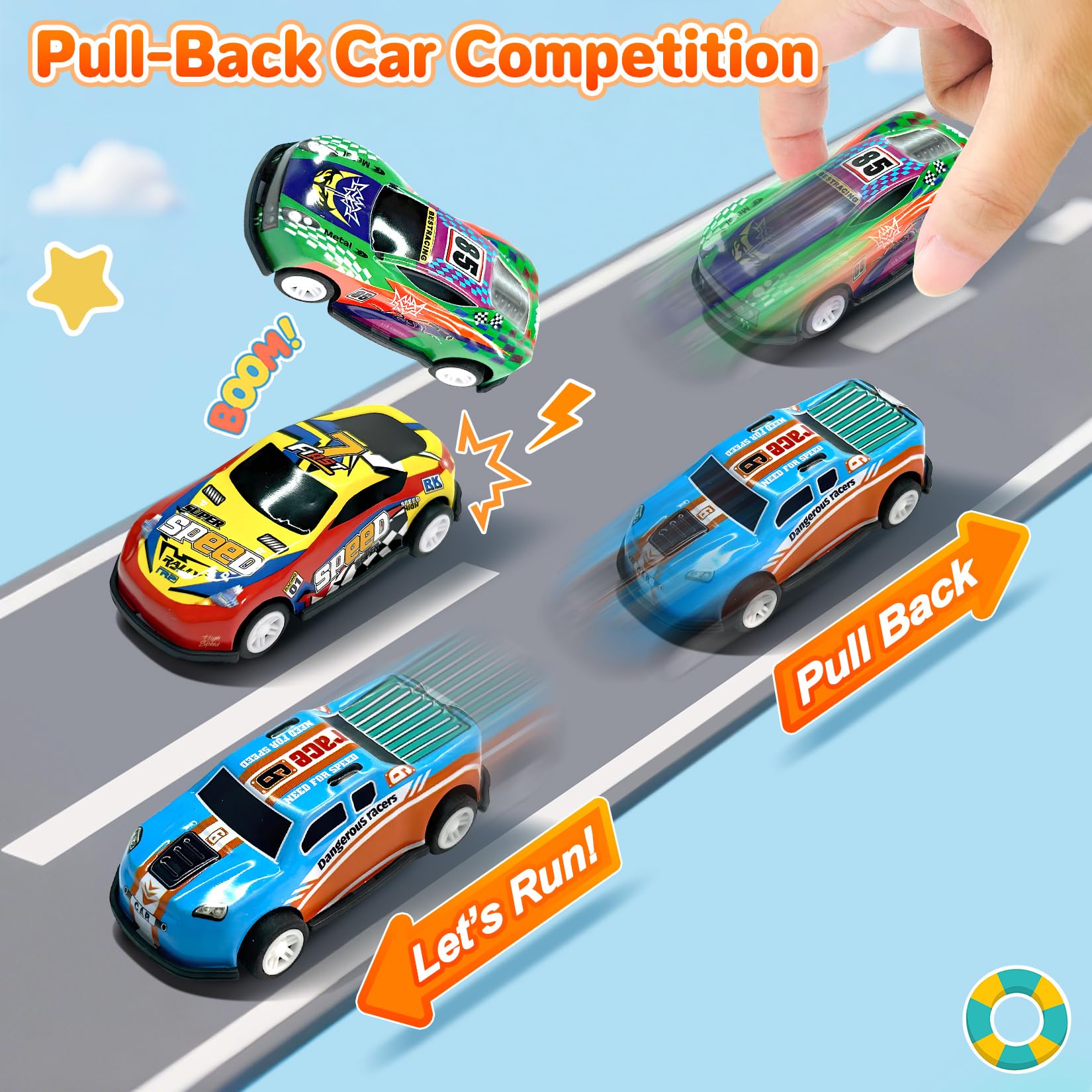 TOYABI 22Pcs Metal Shell Pull-Back Toy Car Set with 8 Roadblocks - Vehicles Playset for Kids 5