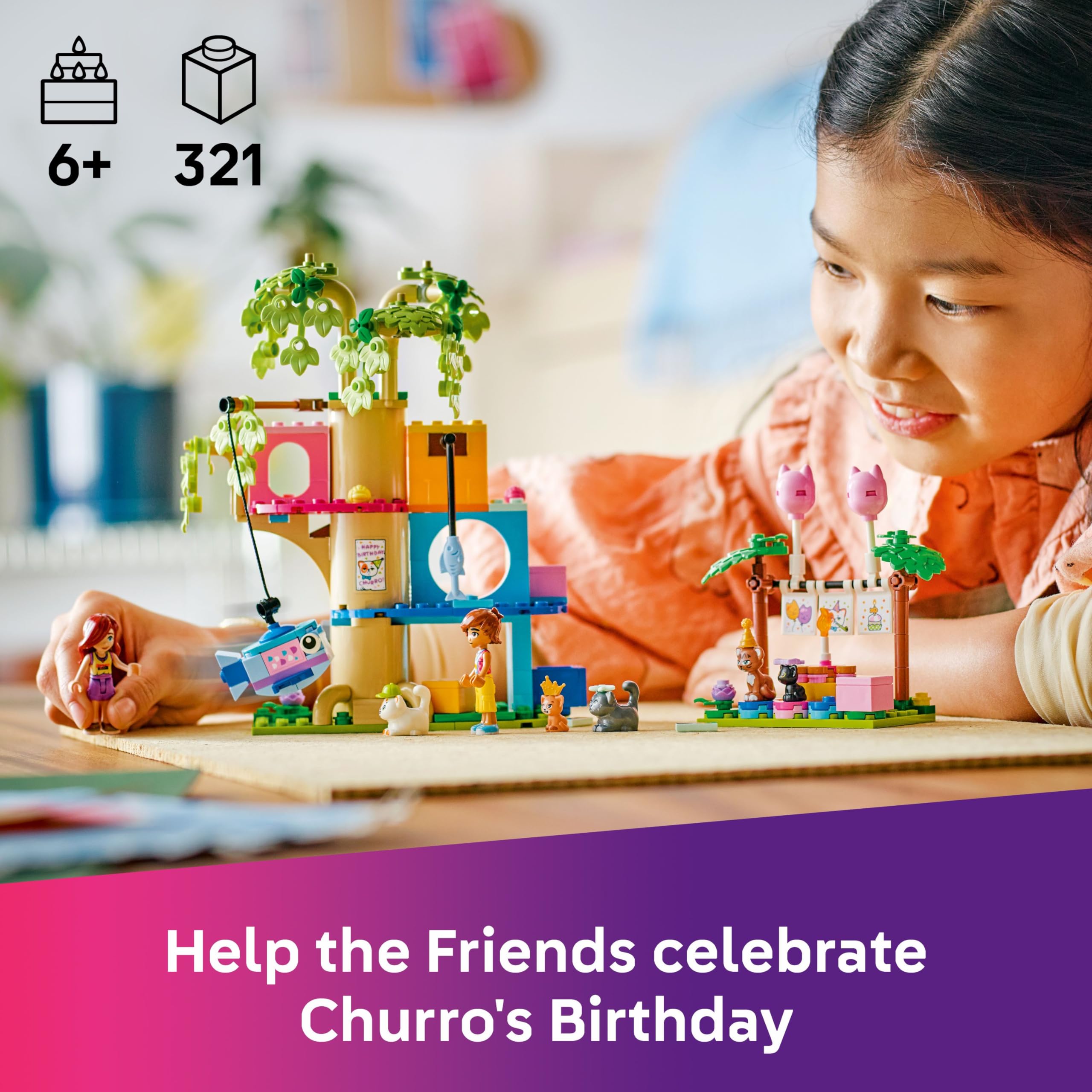 LEGO Friends Cat Birthday Party & Tree House Toy - 2 Mini Dolls, 5 Cat Figures, 321 Pieces 3