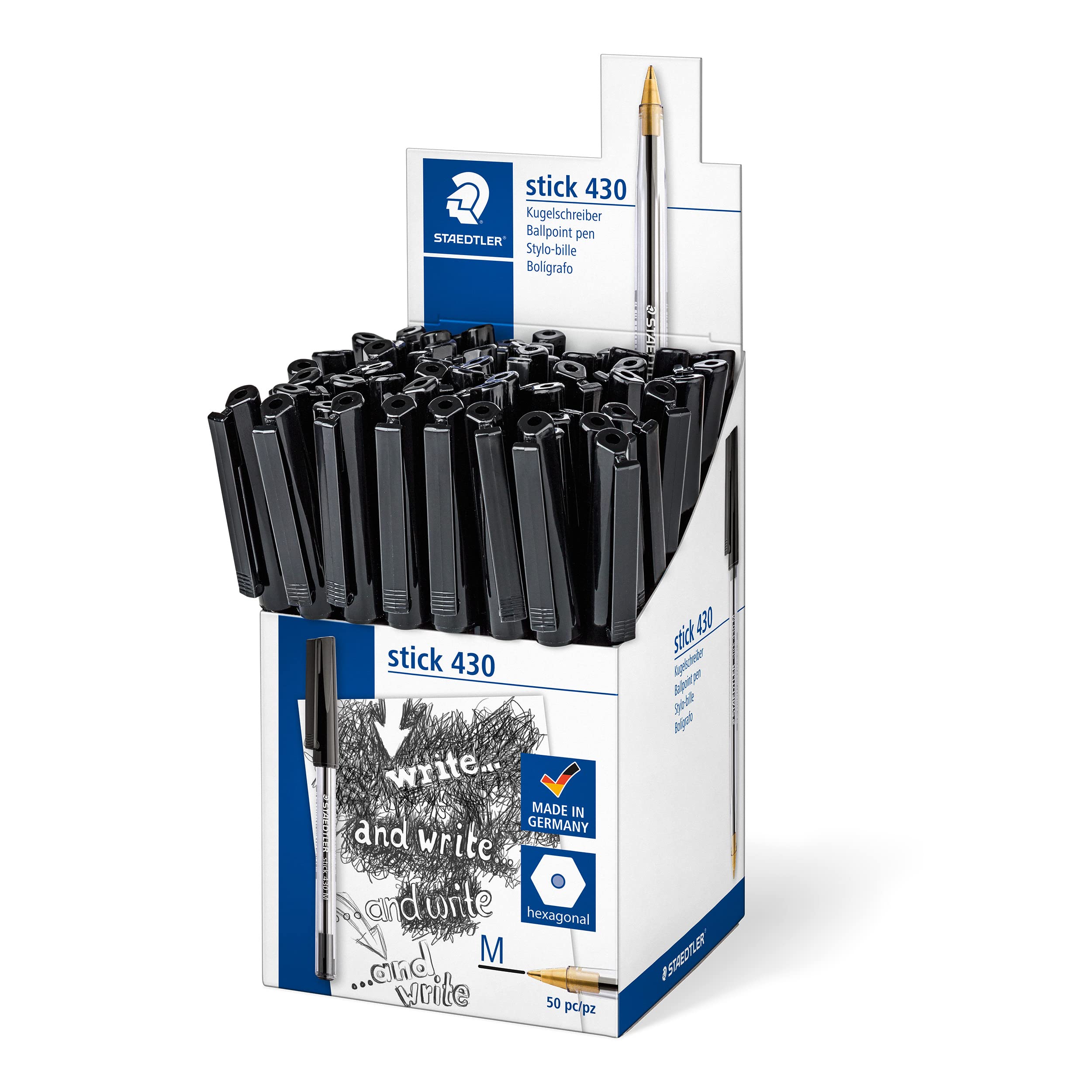 STAEDTLER Stick 430 Ballpoint Pens - Medium Point Black Ink | Pack of 50 | Airplane Safe
