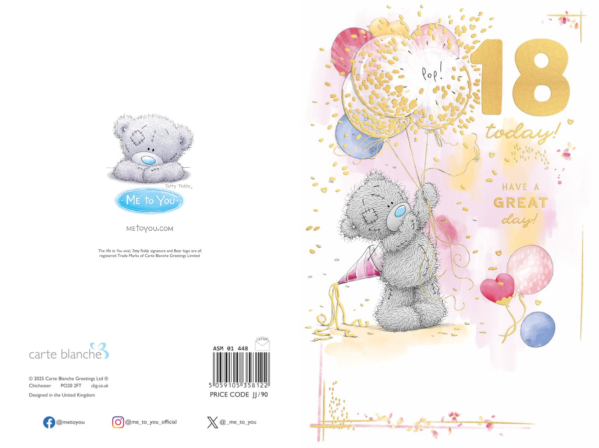Me to You Tatty Teddy Birthday Card - 18 Today Luxury Gold Embellished | 6 x 9 Inches
