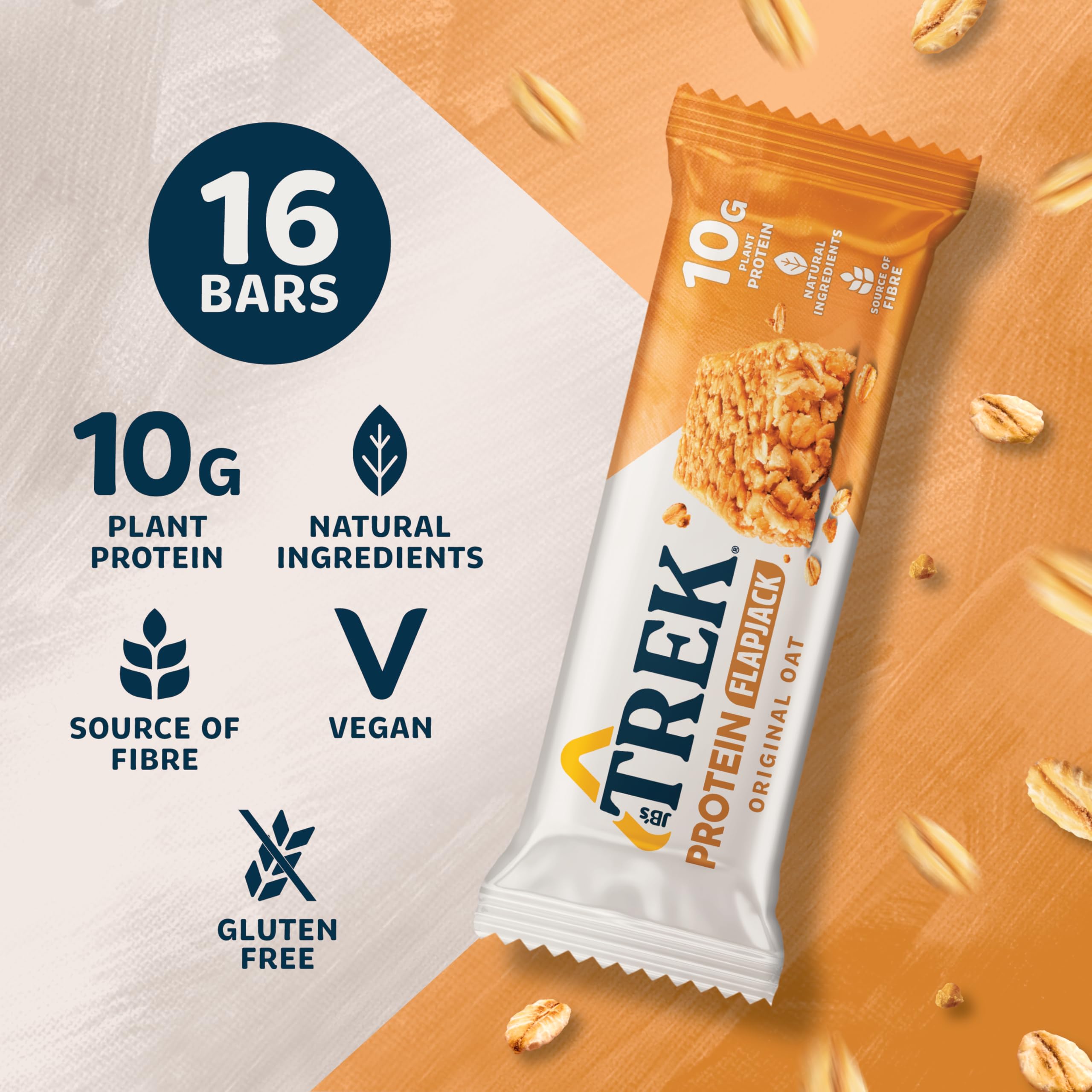 JB's TREK High Protein Flapjack Original Oat - Gluten Free, Plant Based Protein Snack | 16 x 50g Bars