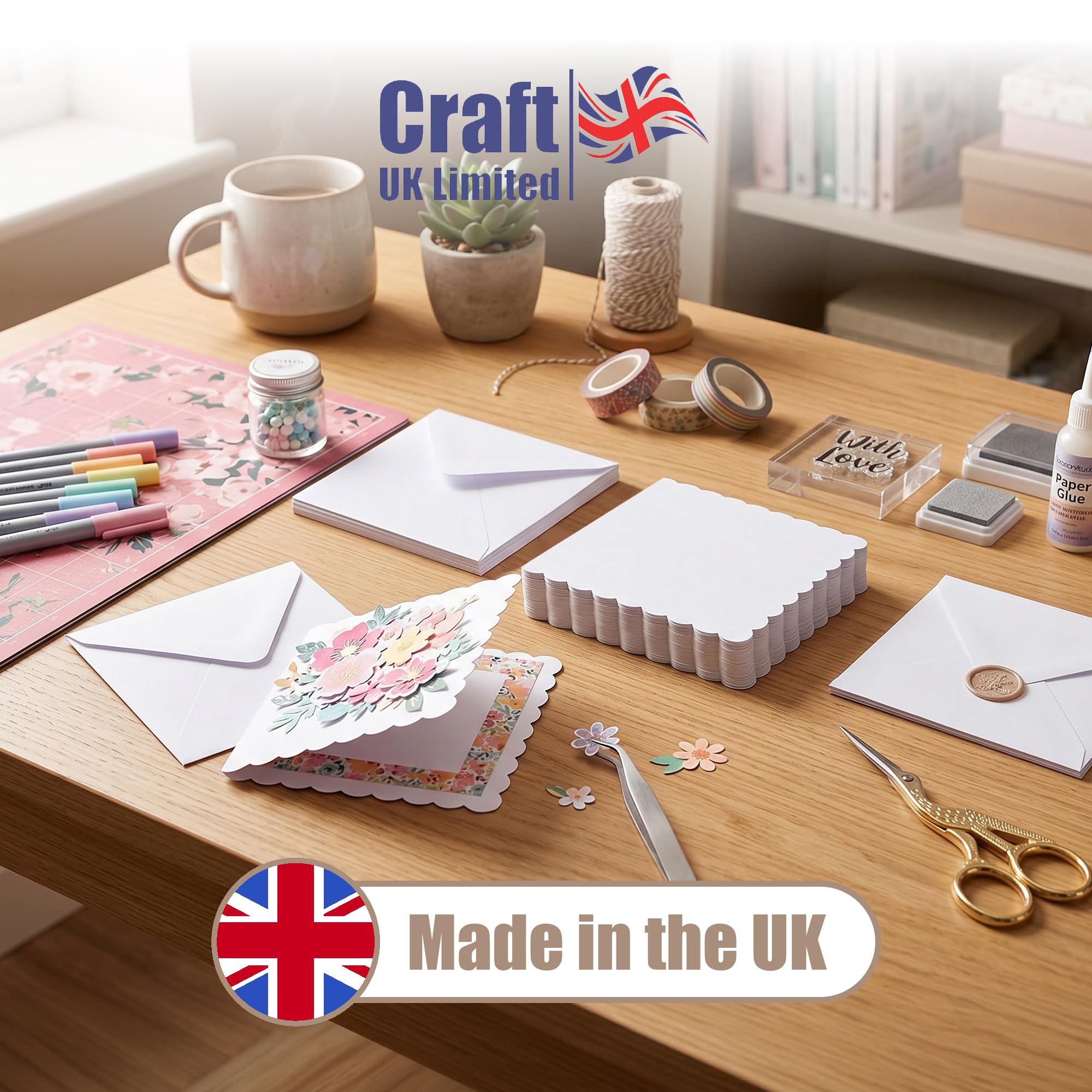 Craft UK Limited White Scalloped Cards & Envelopes - 50 Pack | 6 x 6 Inch | Paper
