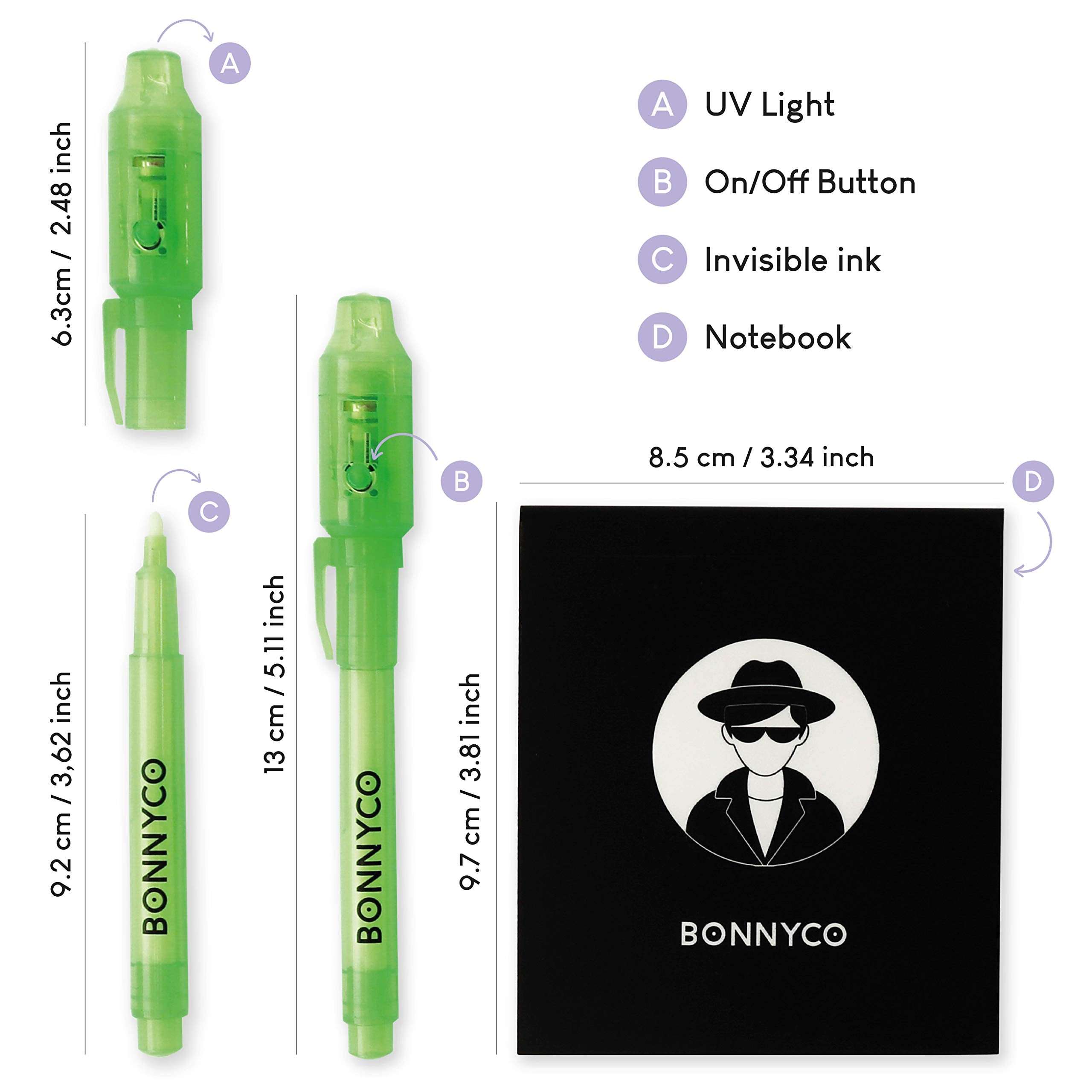BONNYCO Invisible Ink Pen and Notebook Set - Pack of 16 UV Magic Pens with Notepads for Kids