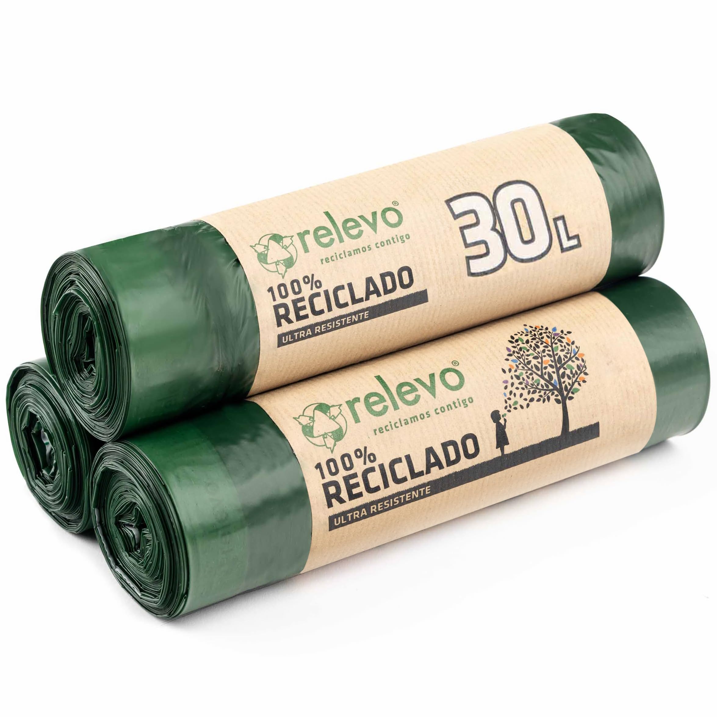 Relevo 100% Recycled Bin Liners, Heavy Duty 30L, 45 Bin Bags with Drawstring