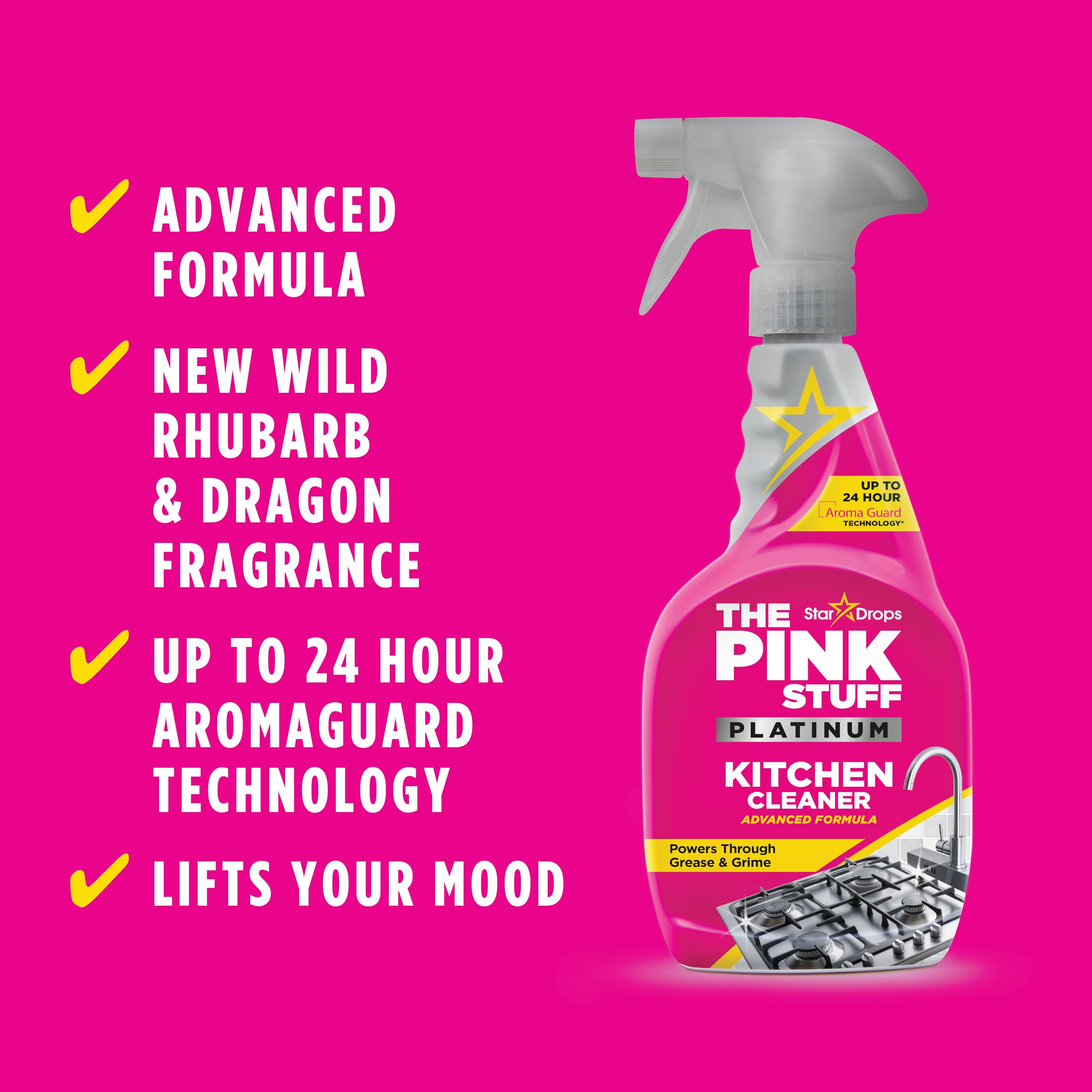 Stardrops The Pink Stuff Platinum Kitchen Cleaner Spray - Cuts Grease & Grime | 750ml | Wild Rhubarb & Dragonfruit Scent