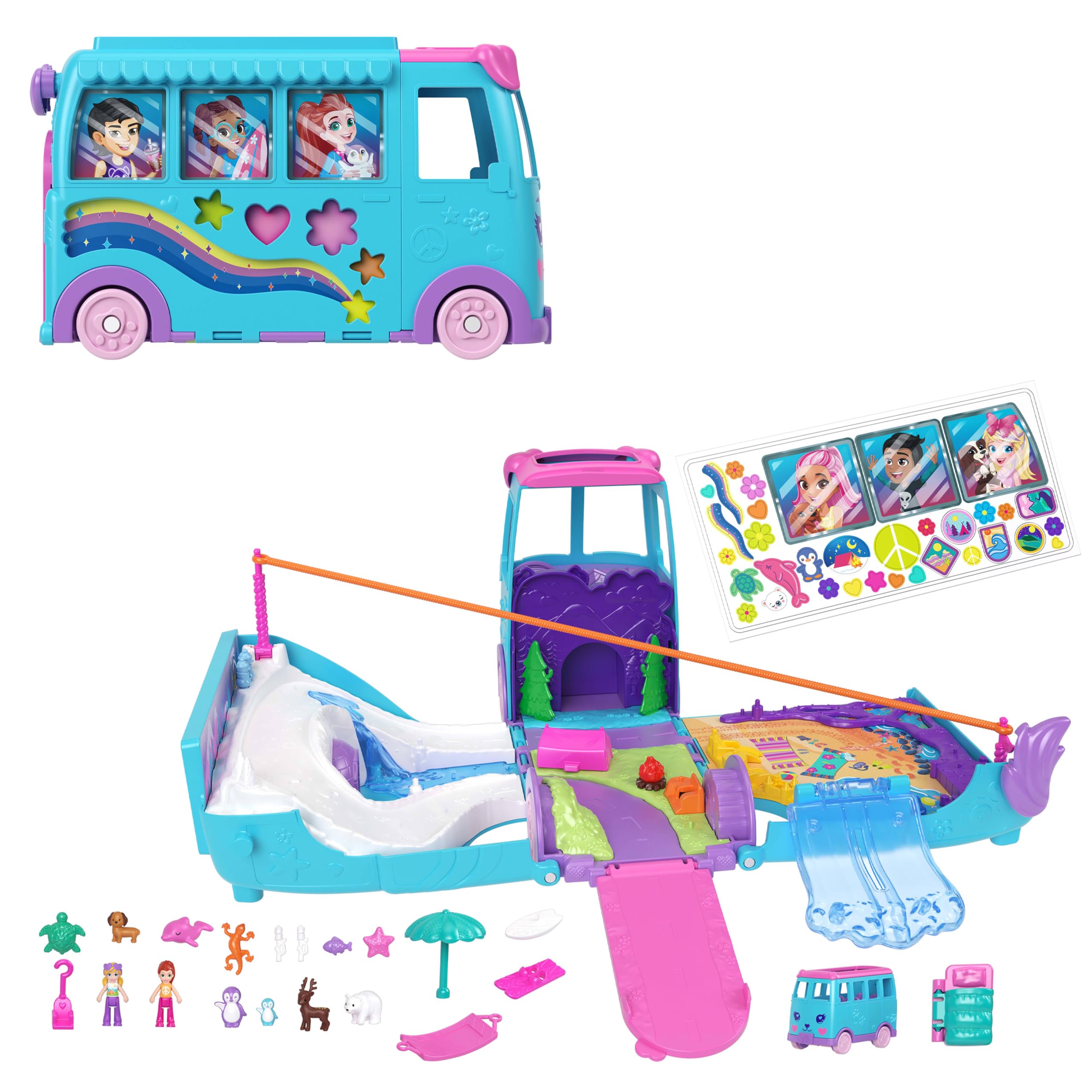 Polly Pocket Pet Mobile Adventure Playset - Transforming Camper Van with Micro Dolls & Pets, Ages 4+