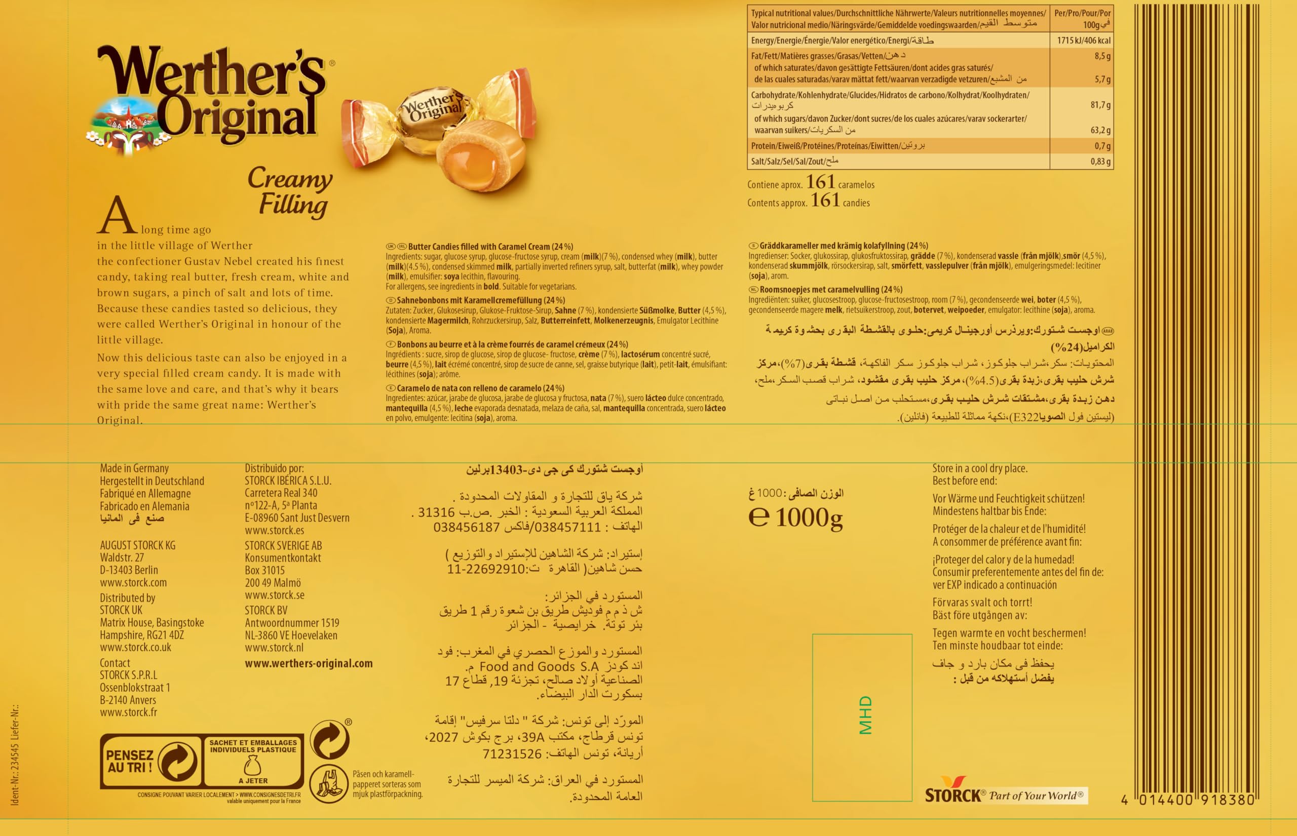 Werther's Original Creamy Filling Toffee - Classic Caramel with Cream Centre | 1 kg Bulk Pack