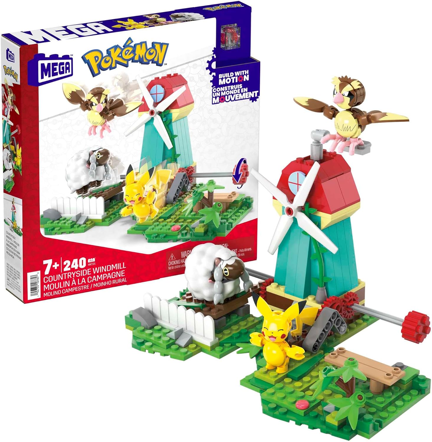 MEGA Pokémon Kids Building Toys - 240-Piece Countryside Windmill with Motion Brick, Pikachu, Pidgey & Wooloo Figures