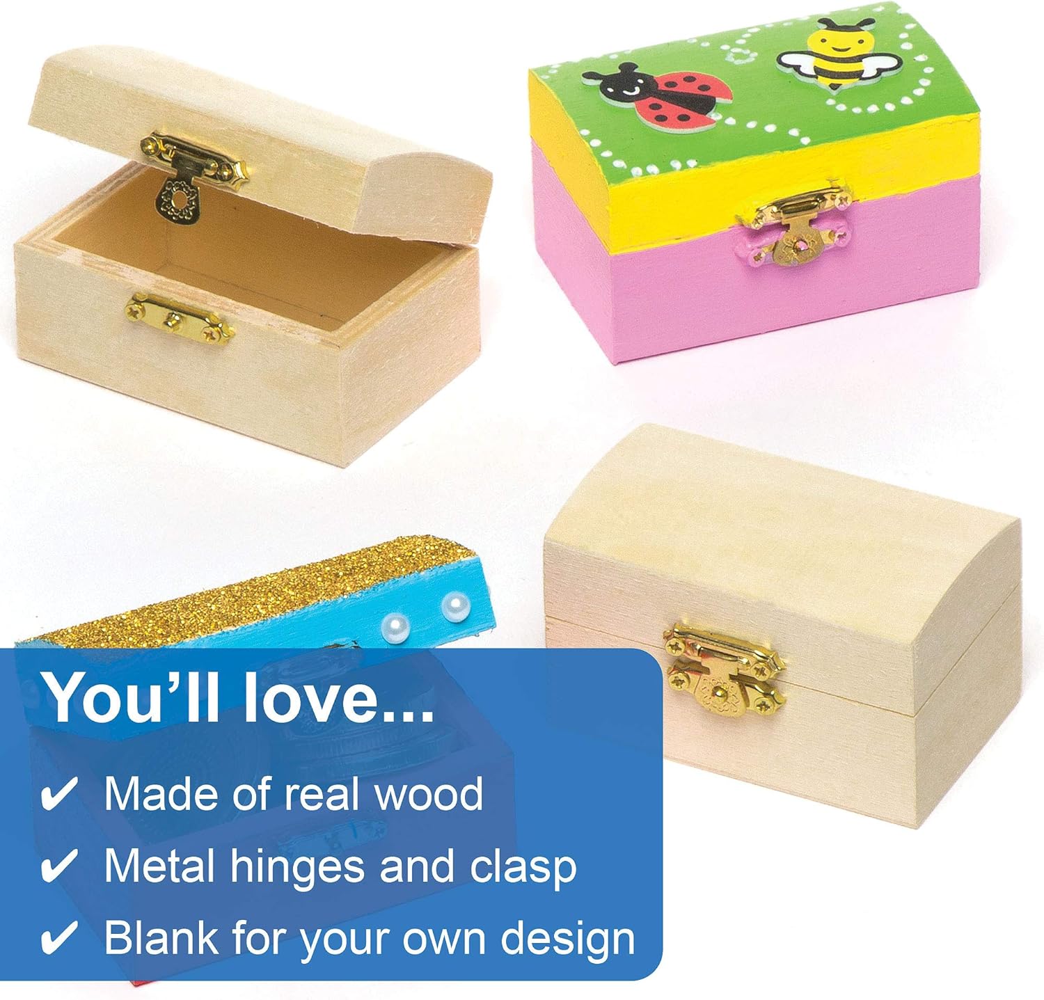 Baker Ross Mini Wooden Treasure Chests - DIY Craft Kit for Kids (Pack of 4) 5