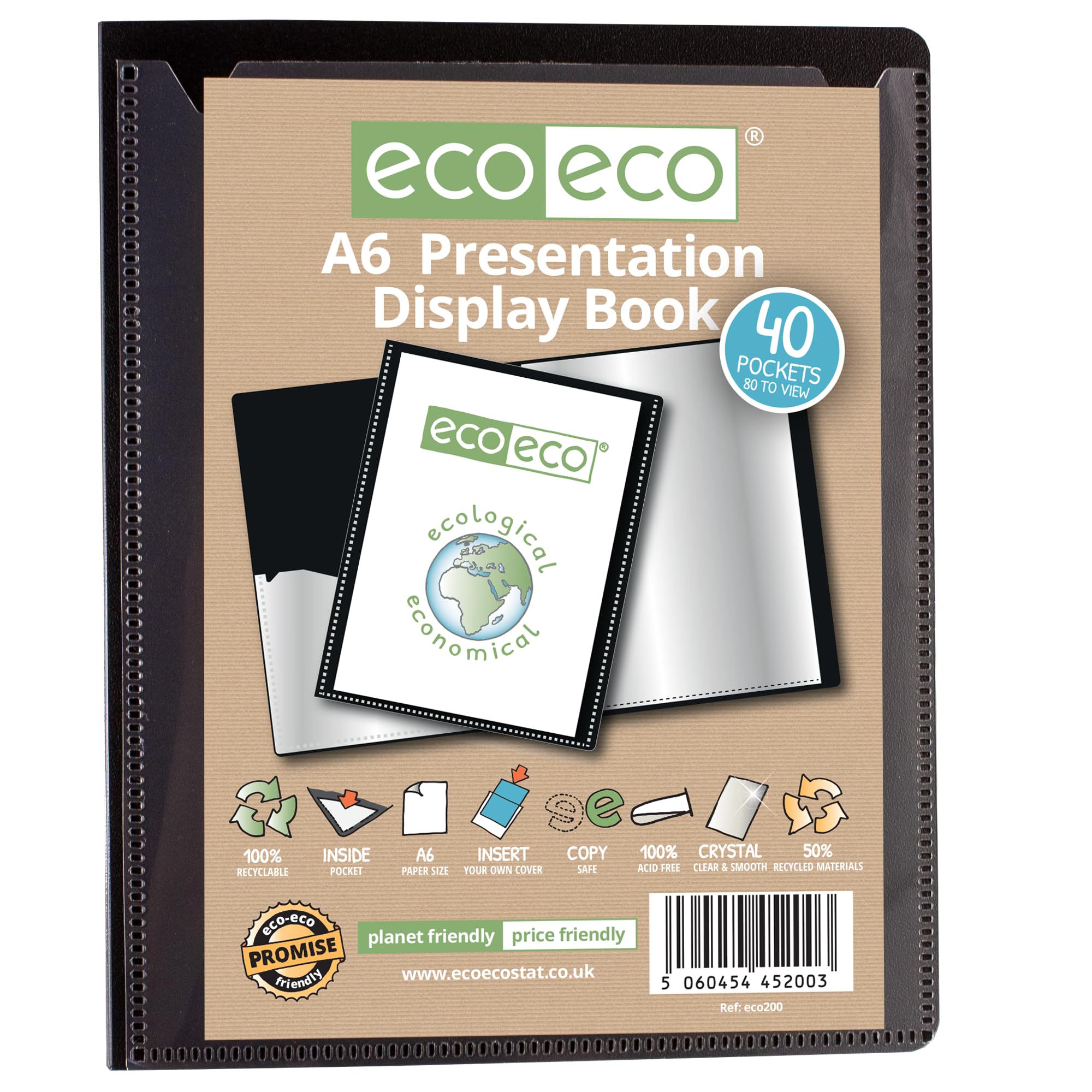eco-eco A6 Fixed Presentation Display Book | 40 Pockets | Black | 50% Recycled Material 1