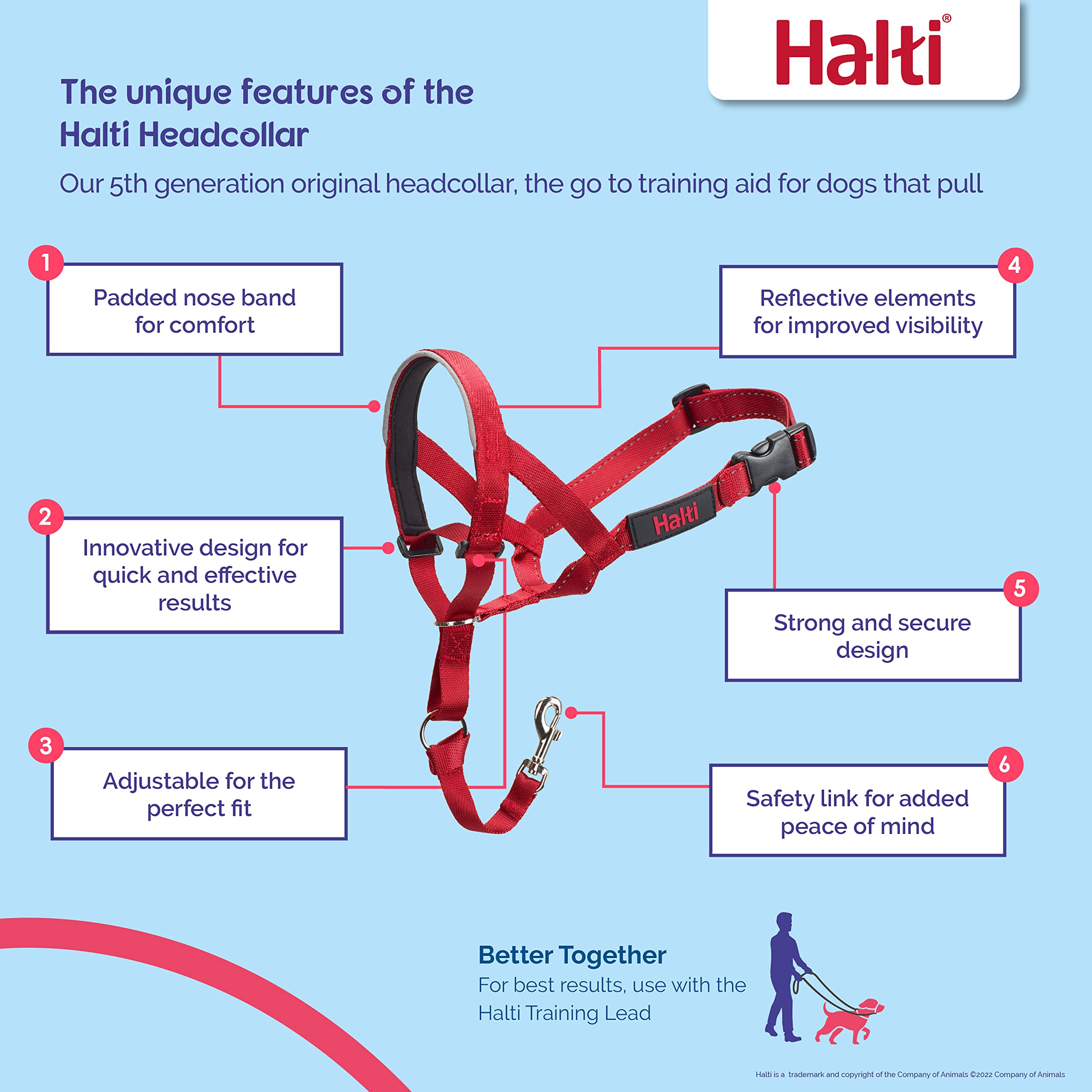 Halti Headcollar Size 4 Red - Stops Pulling | Padded Neoprene Nose Band | Reflective Accents